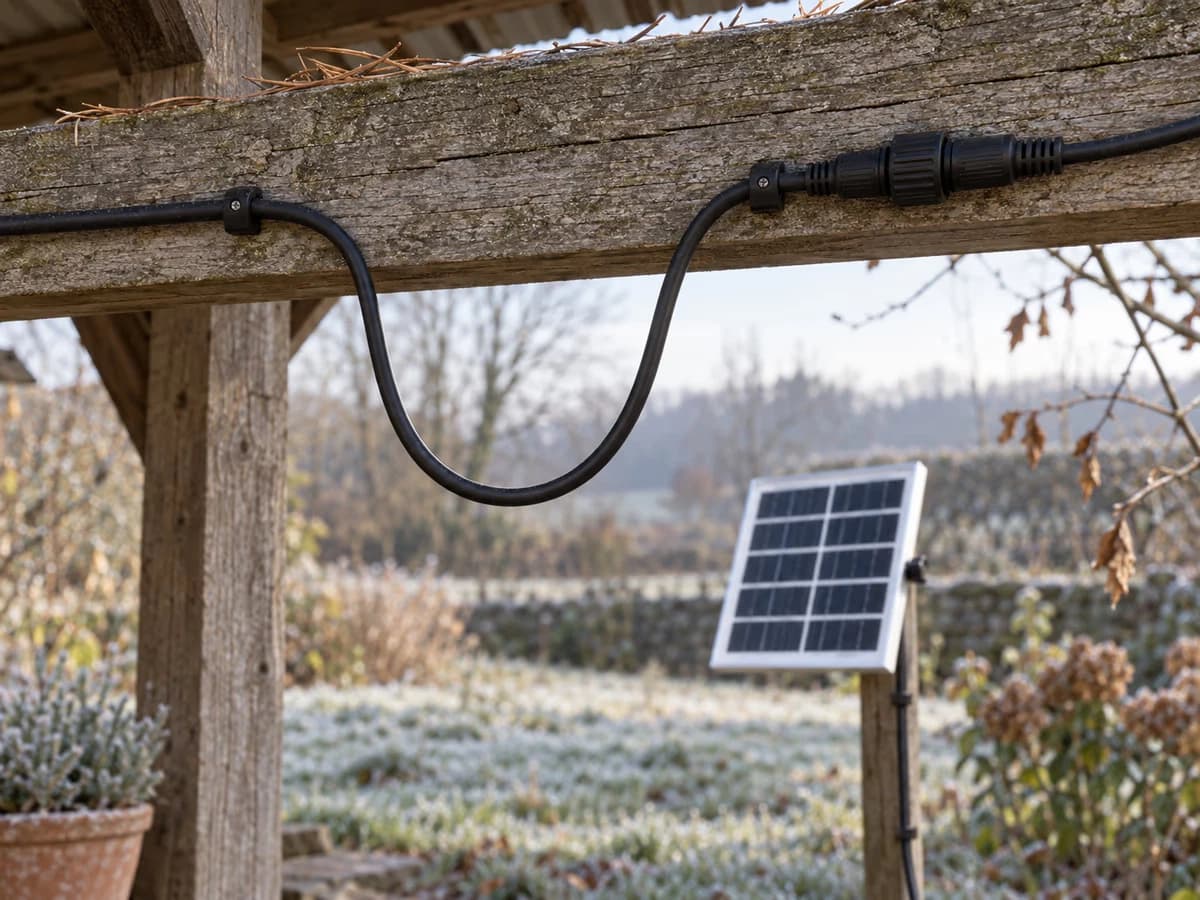 Câble noir d'une lampe solaire courant le long d'une panne de bois, boucle descendante avant le raccord, panneau solaire sur poteau en arrière-plan