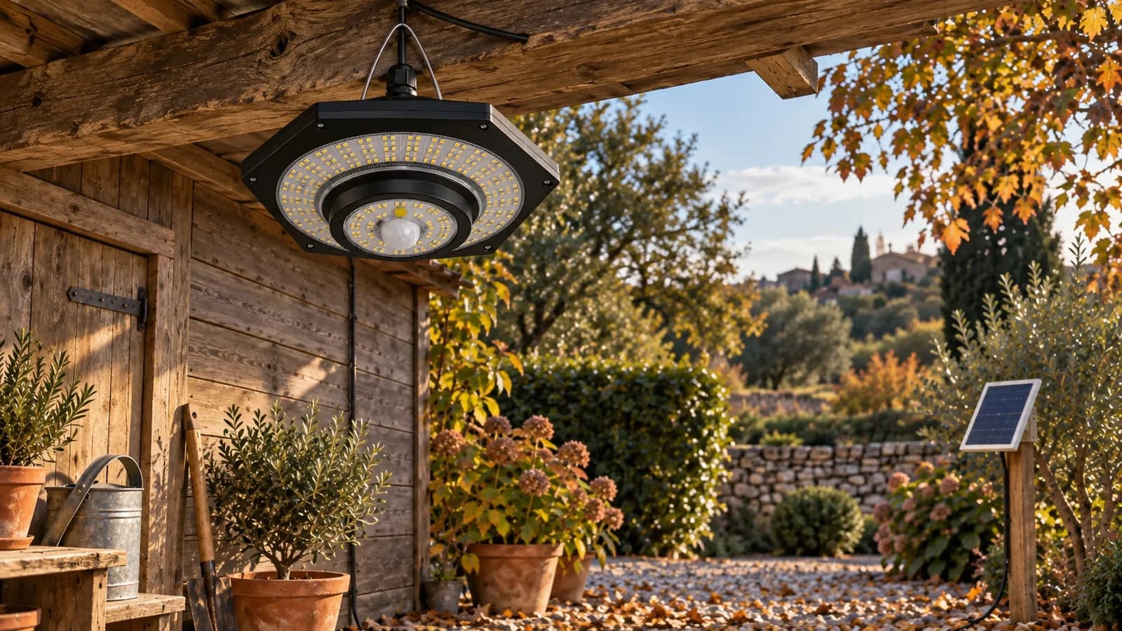 Lampe solaire suspendue à détecteur de mouvement sous un appentis de bois, panneau solaire déporté sur un poteau au-delà, lumière de fin d'automne