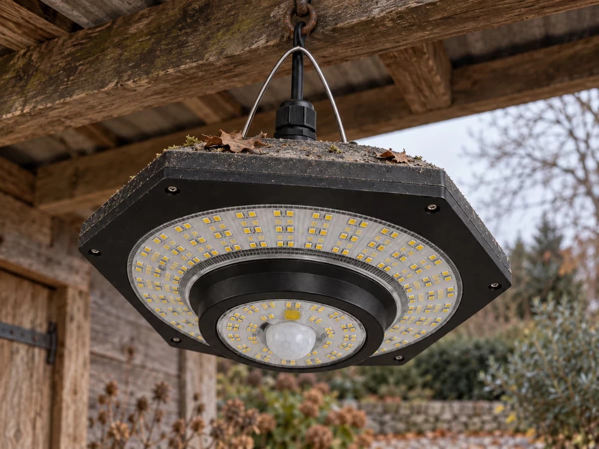 Lampe solaire noire suspendue sous un appentis de bois, vue de trois quarts en contre-plongée, dépôt clair sur la face supérieure du plateau