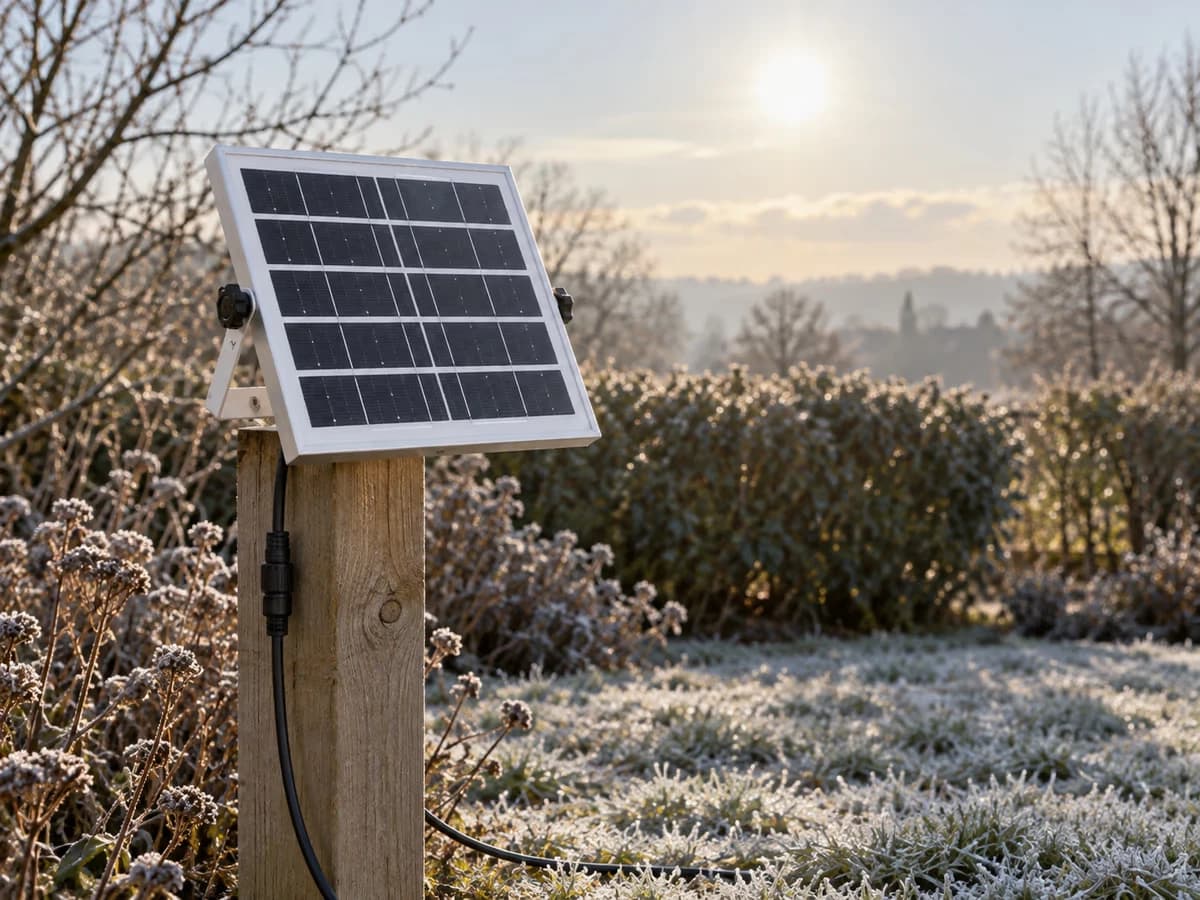 Petit panneau solaire à cadre aluminium fixé sur un poteau de bois, incliné vers un ciel d'hiver bas, herbe blanchie par le givre au pied du poteau