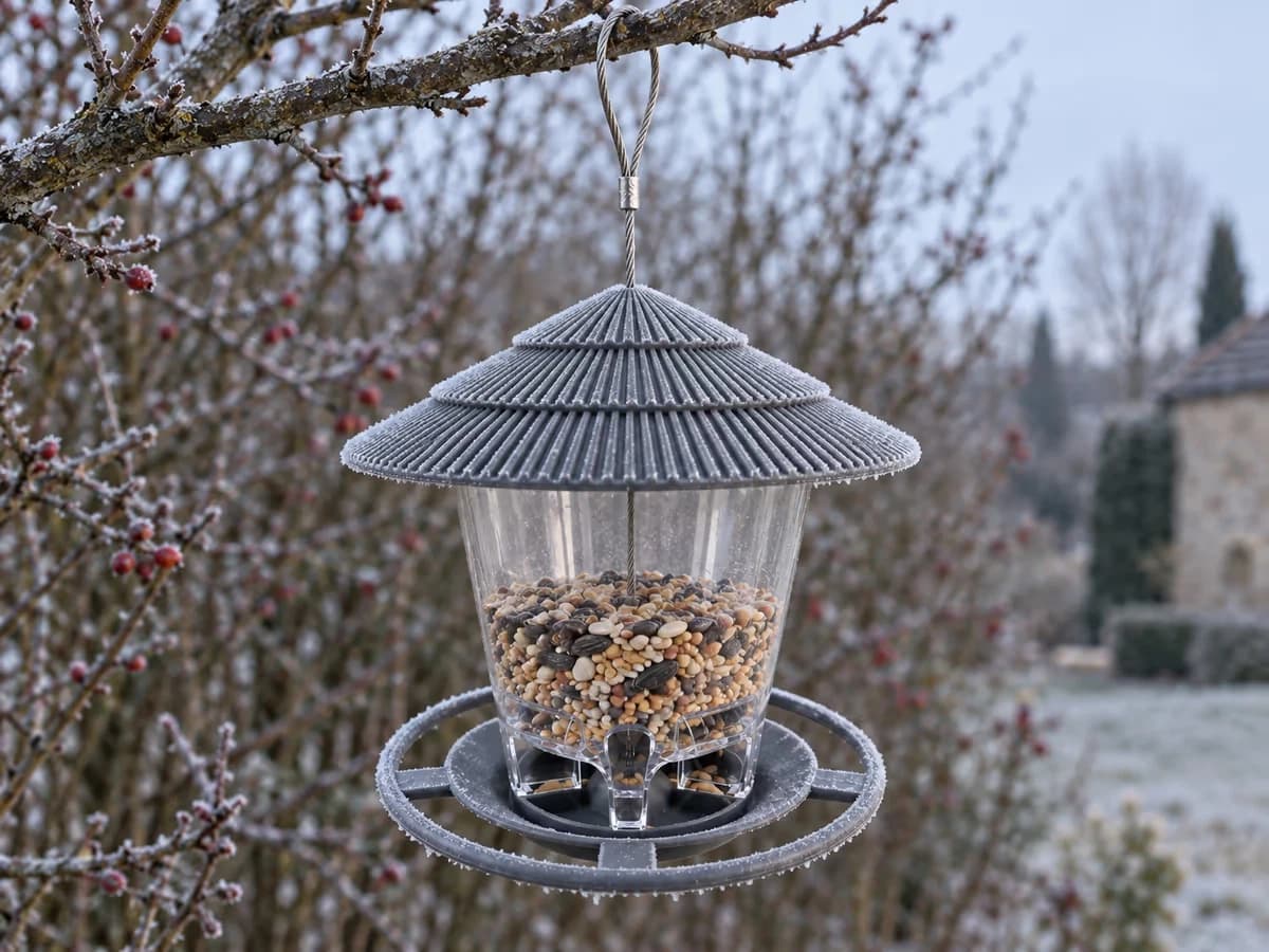 Mangeoire suspendue couverte de givre sur ses nervures, graines visibles à travers le réservoir transparent, haie dégarnie en arrière-plan