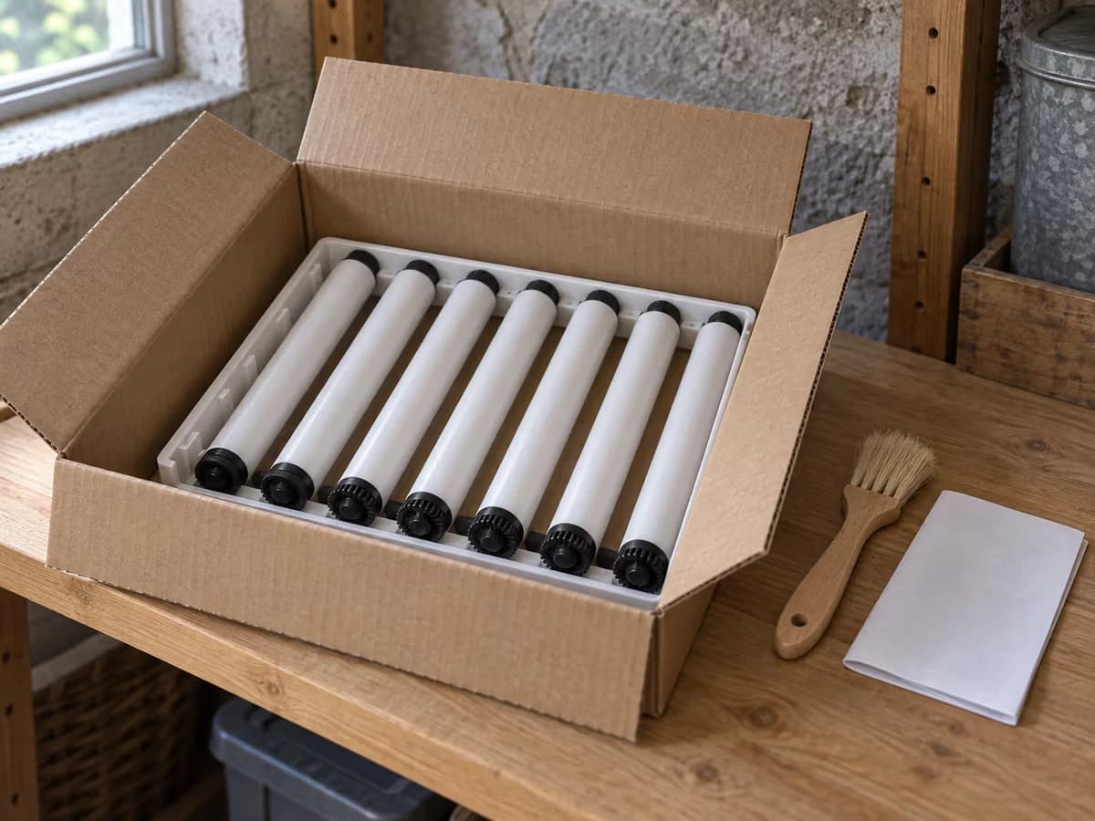 Tiroir à rouleaux rangé à plat dans un carton ouvert sur une étagère de cellier, pinceau sec et notice posés à côté
