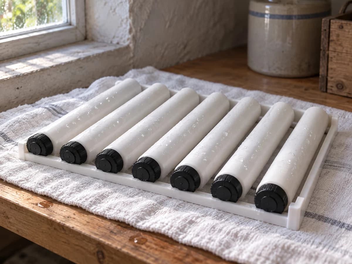 Tiroir à rouleaux blancs posé à plat sur un linge propre près d'une fenêtre de cellier, l'eau perle encore entre les barres