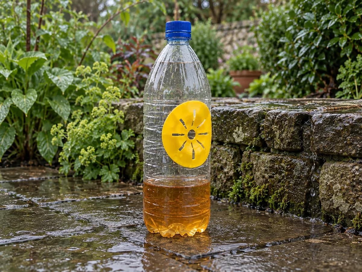 Bouteille plastique posée contre un muret, paroi ruisselante après la pluie, niveau d'un liquide ambré visible sous l'ouverture découpée