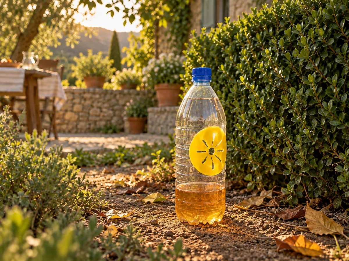 Bouteille plastique équipée de sa pièce jaune debout au pied d'une haie taillée, fin d'été, lumière chaude de fin de journée