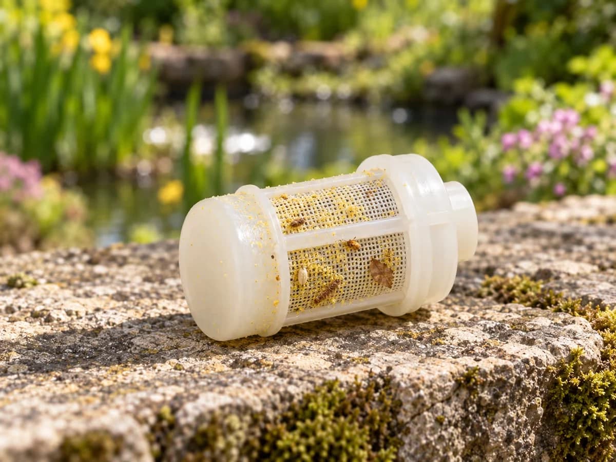 Crépine translucide déclipée posée sur un muret de pierre, claire-voie chargée d'un voile de pollen jaune et de petits débris végétaux