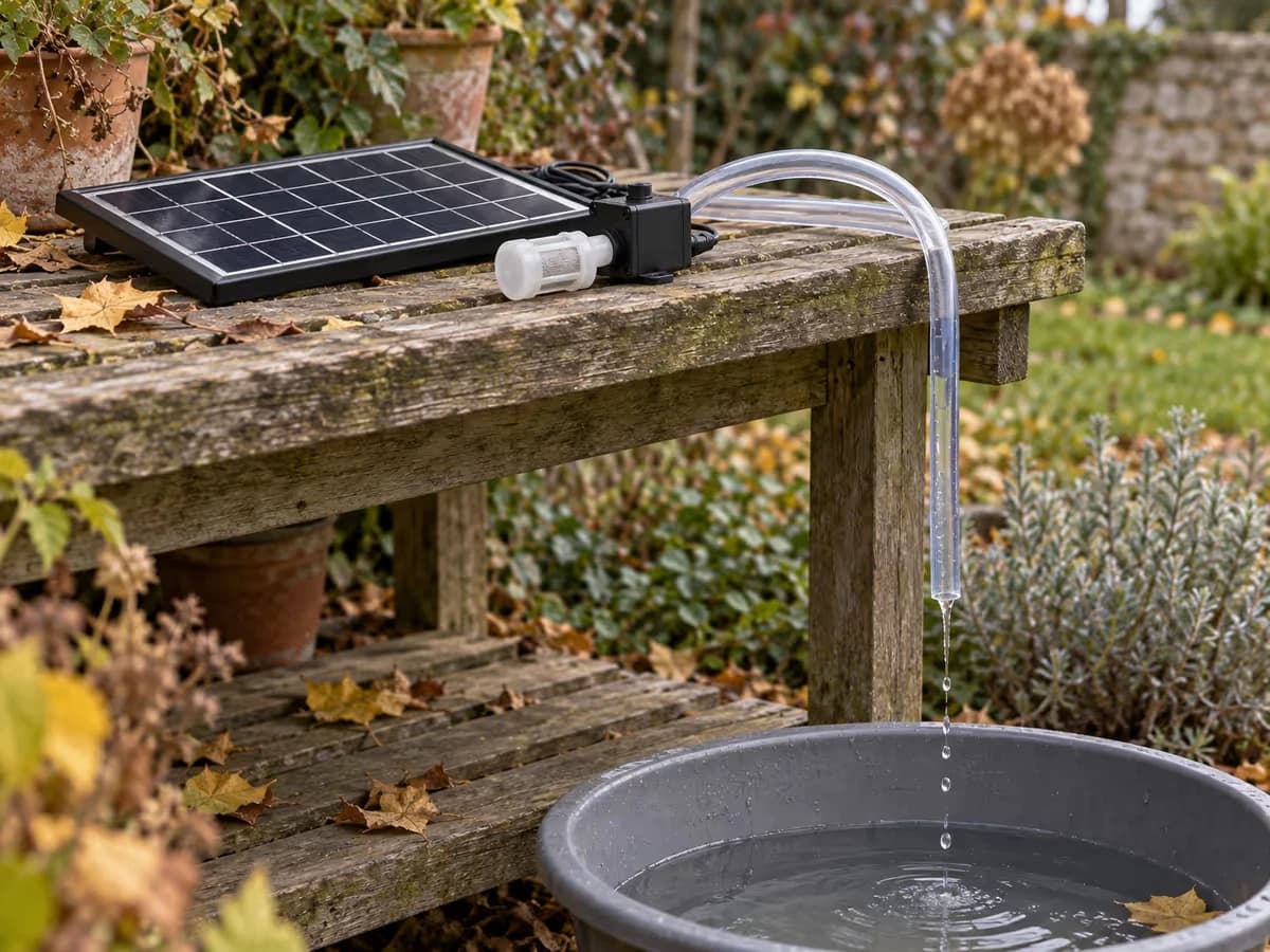 Tuyau souple transparent tenu debout au-dessus d'une bassine, dernière eau s'écoulant de l'extrémité, panneau et pompe posés à plat sur une étagère en arrière-plan