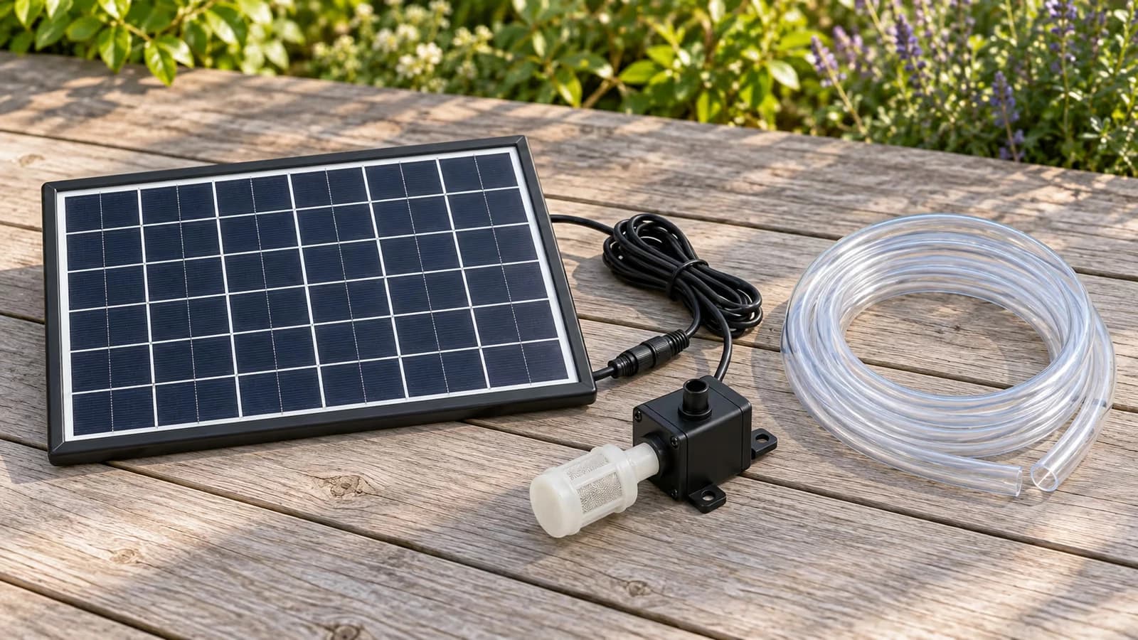Kit solaire de bassin sorti pour l'entretien, panneau noir posé à plat sur une terrasse en bois, pompe et tuyau souple transparent enroulés à côté