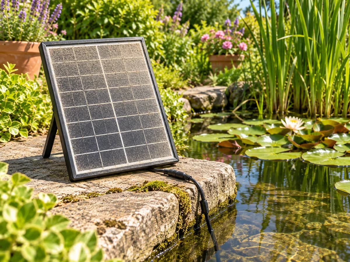 Panneau solaire noir dressé sur sa béquille au bord d'un bassin en plein soleil de juillet, fine pellicule de poussière visible sur le verre