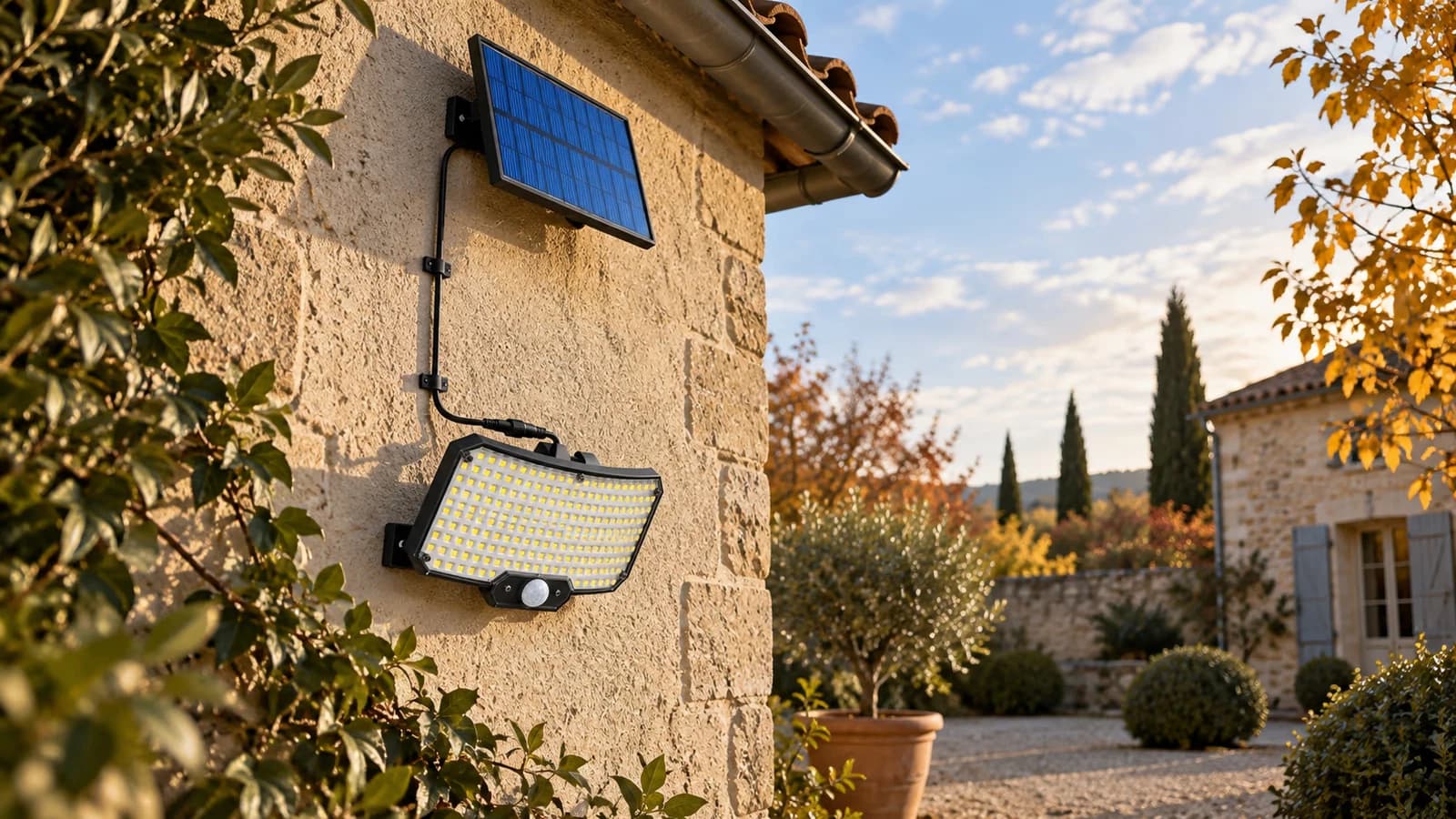 Projecteur solaire noir fixé en haut d'un mur de cour, panneau solaire déporté plus haut sur le pignon, fin d'après-midi d'automne