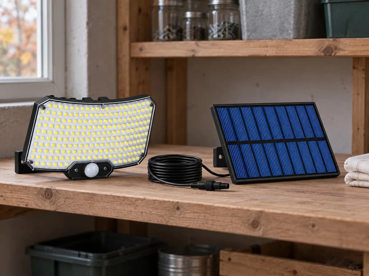 Projecteur solaire et son petit panneau déporté posés côte à côte sur une étagère de garage, chiffon plié à proximité