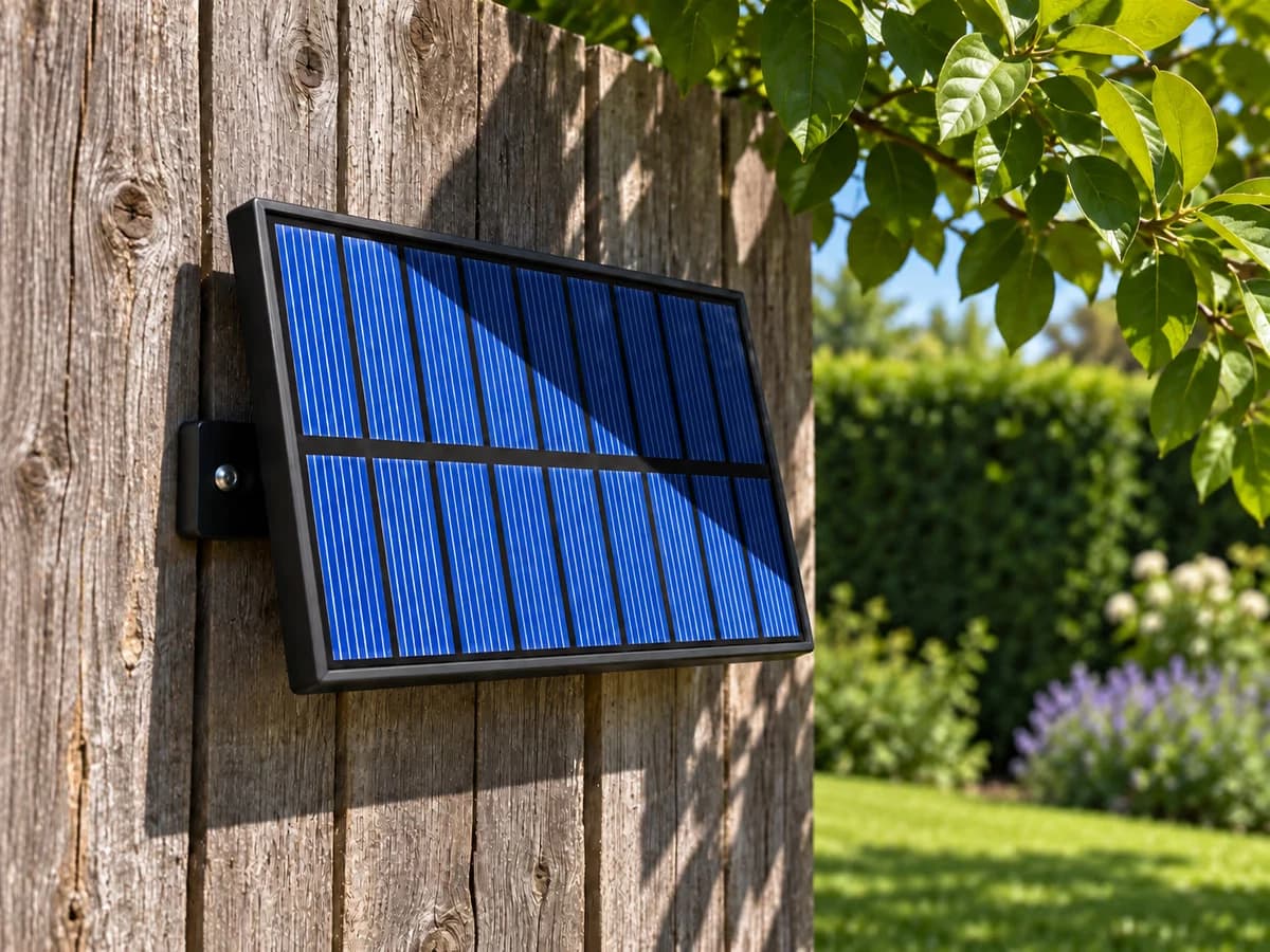 Panneau solaire fixé sur une clôture en bois, branche feuillue projetant une ombre oblique sur une partie des cellules