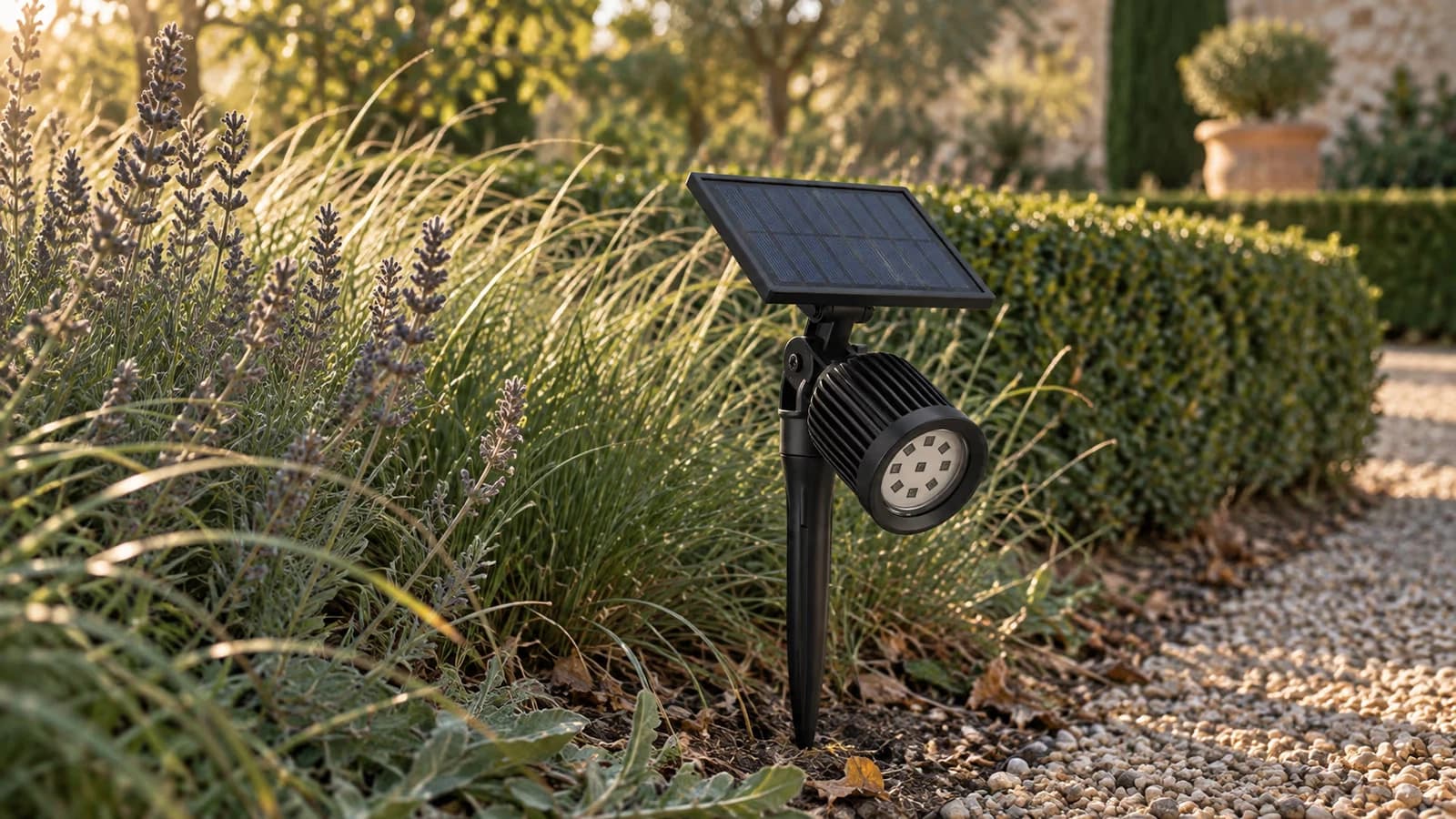 Projecteur solaire noir sur son piquet dans un massif de graminées en fin d'après-midi, panneau incliné couvert de fines traces