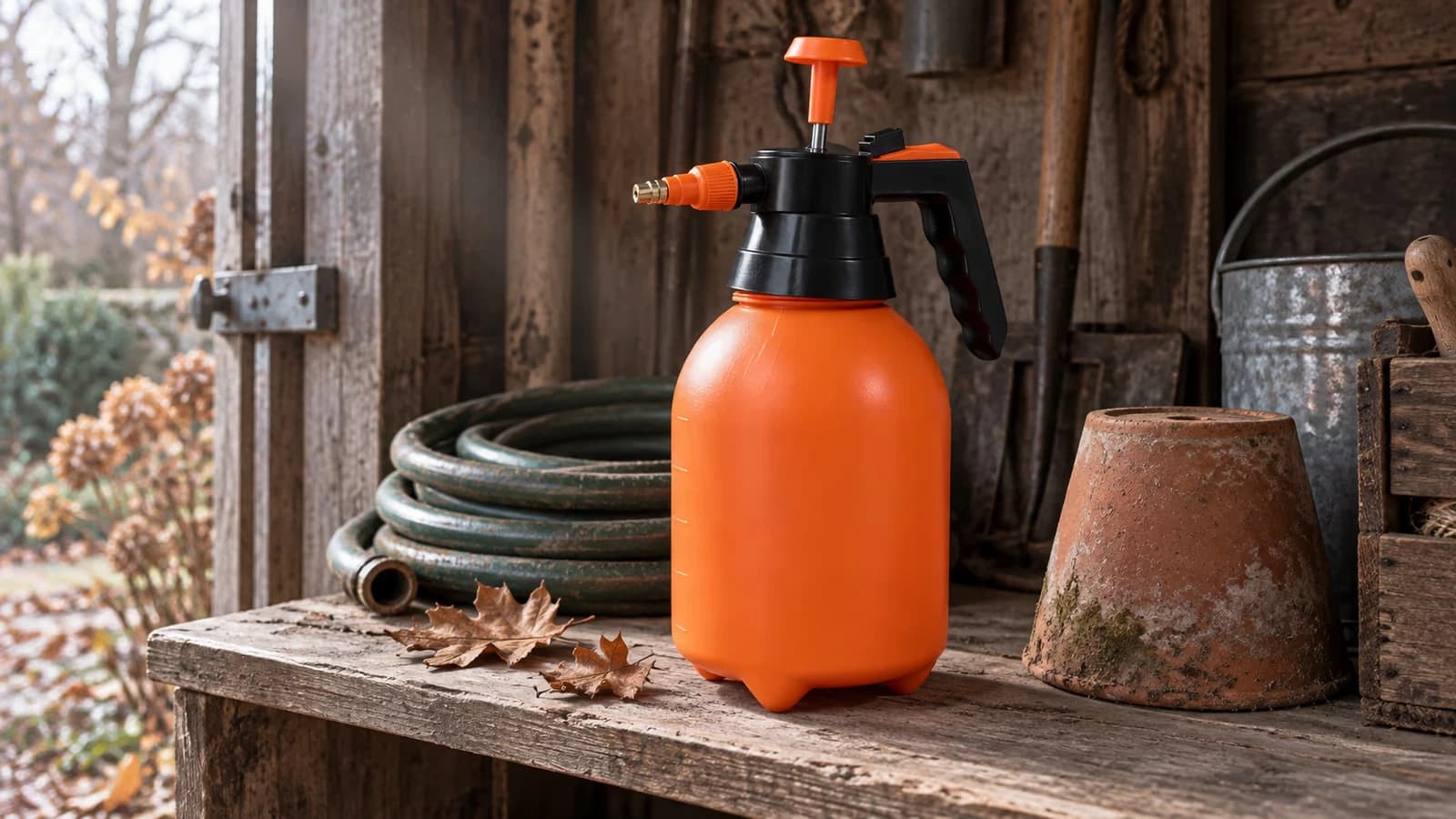 Pulvérisateur orange de 2 L debout sur ses trois pieds sur l'étagère d'un cabanon, bouchon desserré, en fin d'automne