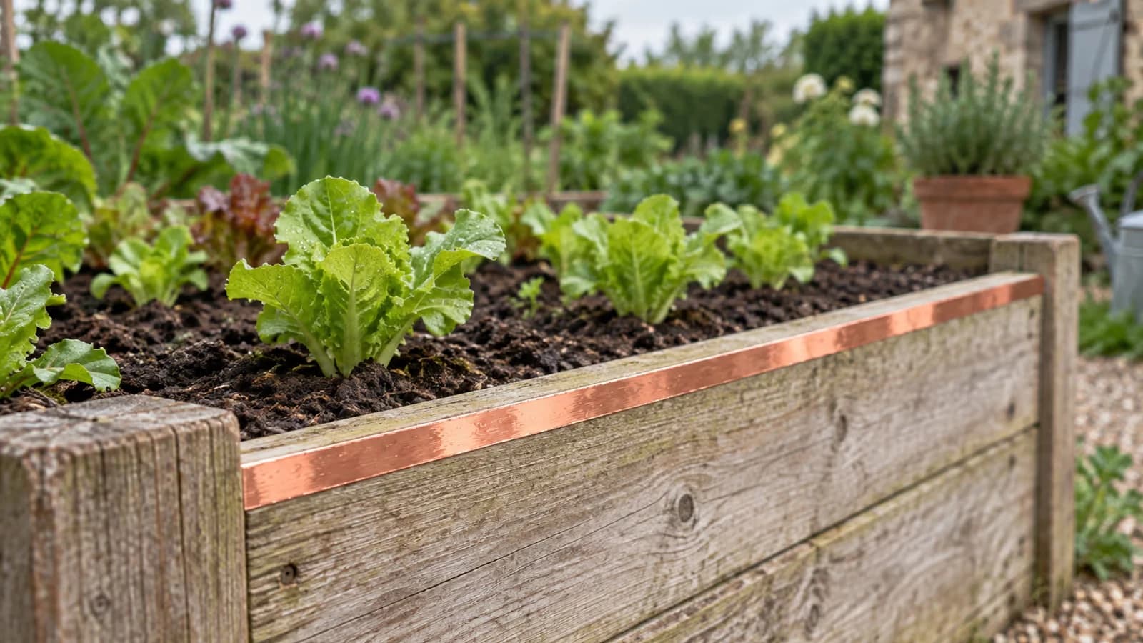 Bande de cuivre collée sur le rebord d'un carré potager en bois, terre humide et jeunes salades derrière la planche, lumière du matin