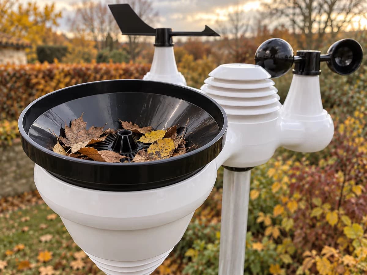 Grille d'entonnoir de pluviomètre couverte de feuilles mortes et de débris végétaux, capot blanc du capteur météo au-dessus, jardin aux couleurs d'automne en arrière-plan flou