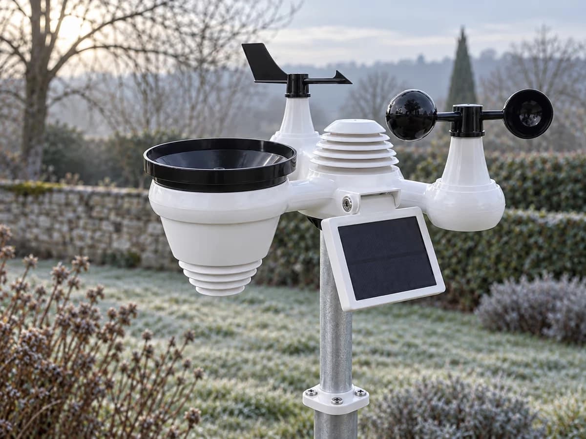 Capteur météo blanc sur son mât dans un jardin en fin d'hiver, panneau solaire incliné visible en façade, givre matinal sur l'herbe rase, lumière froide