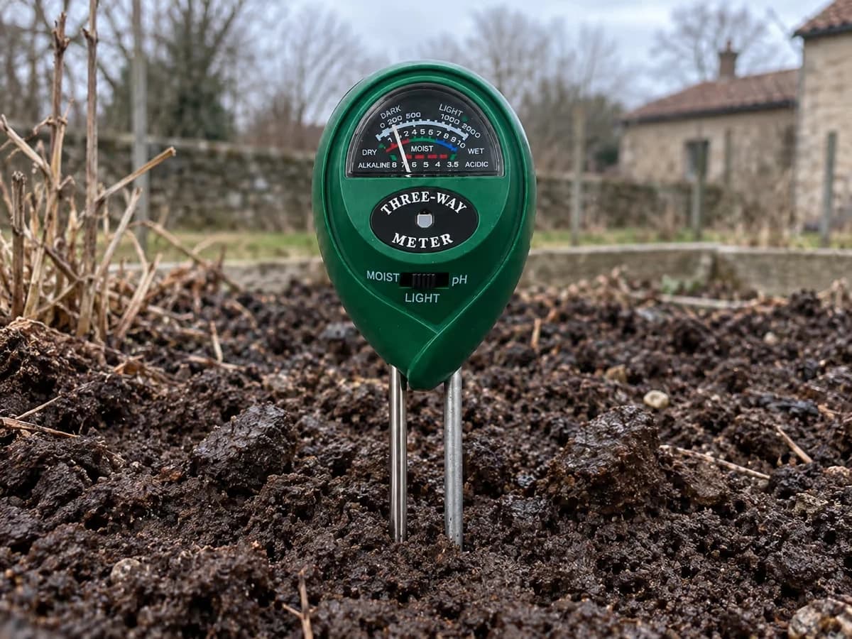 Testeur de sol à cadran planté dans la terre nue d'une planche au début du printemps, sol sombre et humide sous une lumière froide