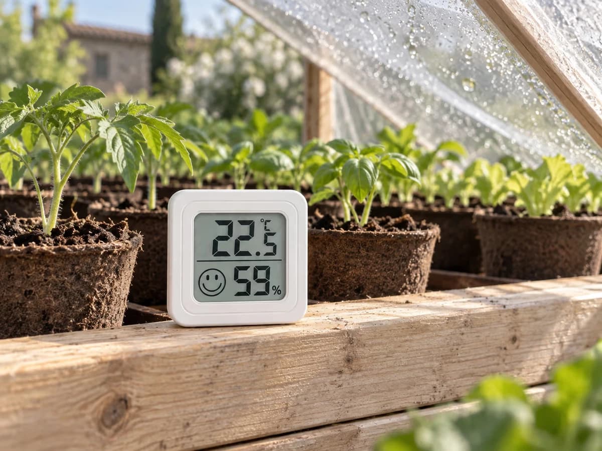 Boîtier blanc carré à écran LCD posé sur le rebord d'une tablette de semis, godets de terreau et jeunes pousses vertes derrière sous un film translucide