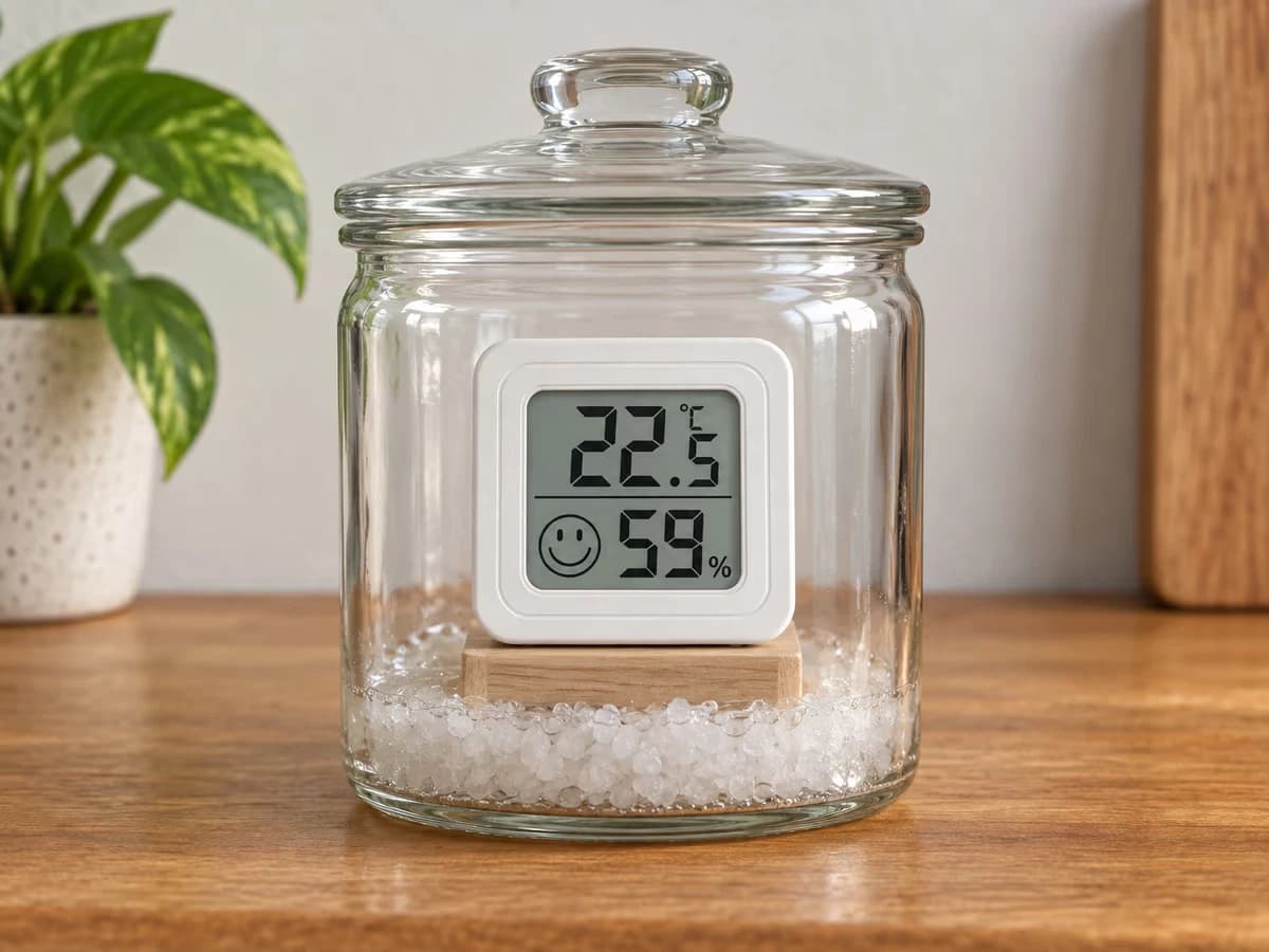 Petit boîtier blanc carré à écran LCD posé dans un bocal en verre au-dessus d'une couche de sel humide, couvercle fermé, sur un plan de travail en bois