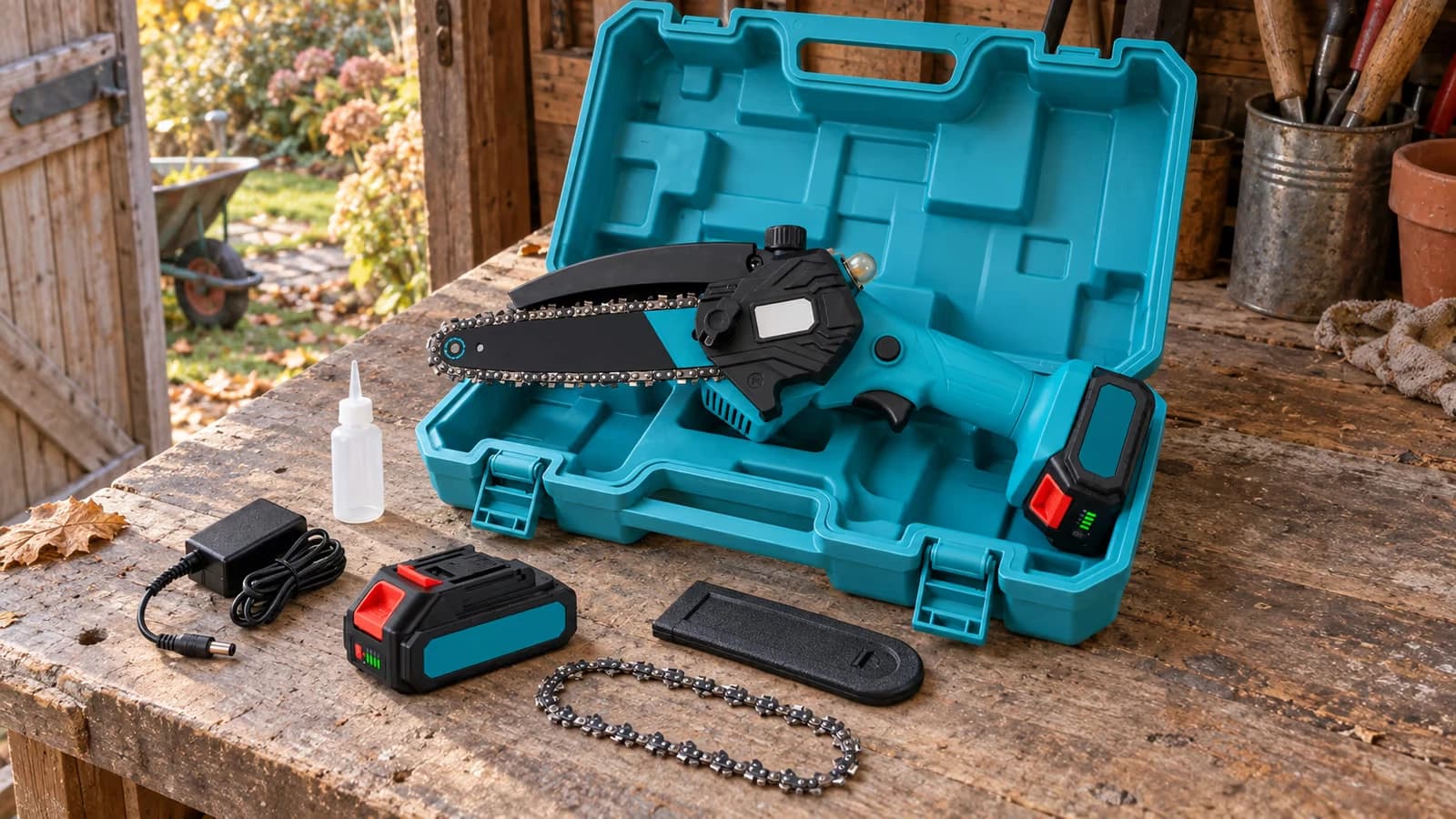 Mini tronçonneuse à batterie posée sur son coffret rigide ouvert dans un abri de jardin, deux batteries et une chaîne de rechange rangées à leur place, lumière d'automne