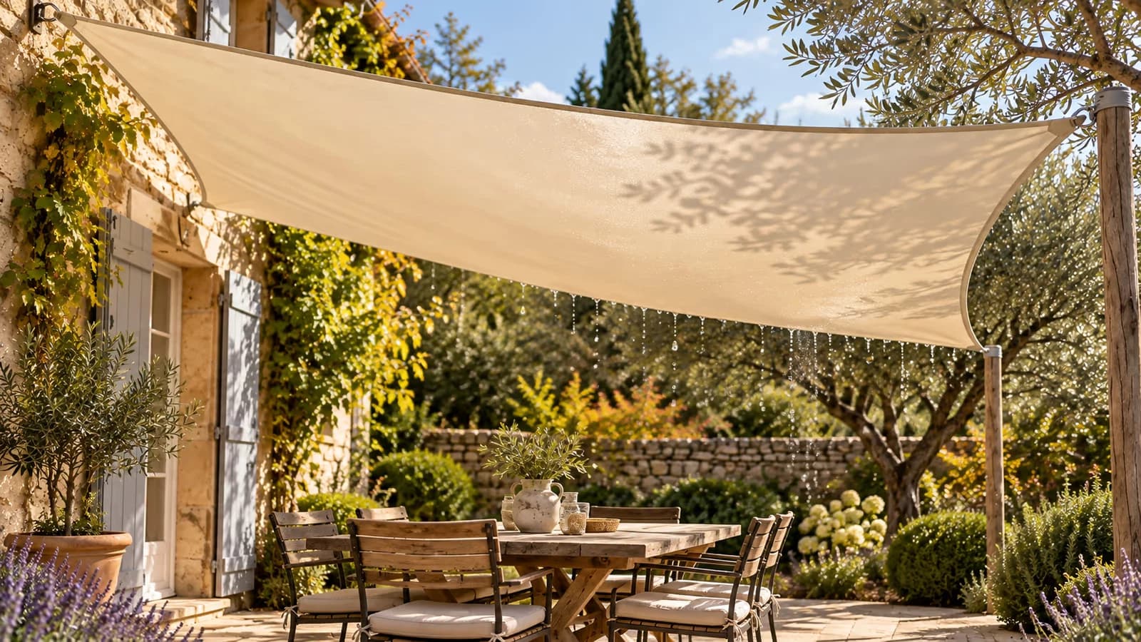 Voile d'ombrage beige tendue au-dessus d'une table de jardin, surface encore luisante après un rinçage, gouttes alignées sur le bord le plus bas