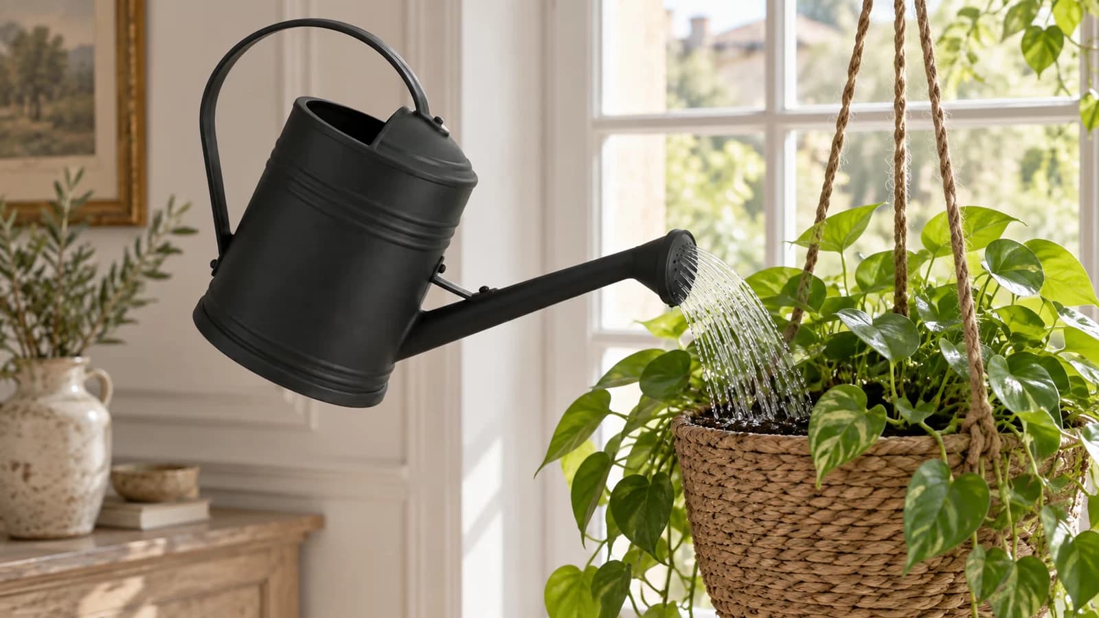 Un arrosoir noir à bec long versant l'eau dans un pot suspendu devant une fenêtre