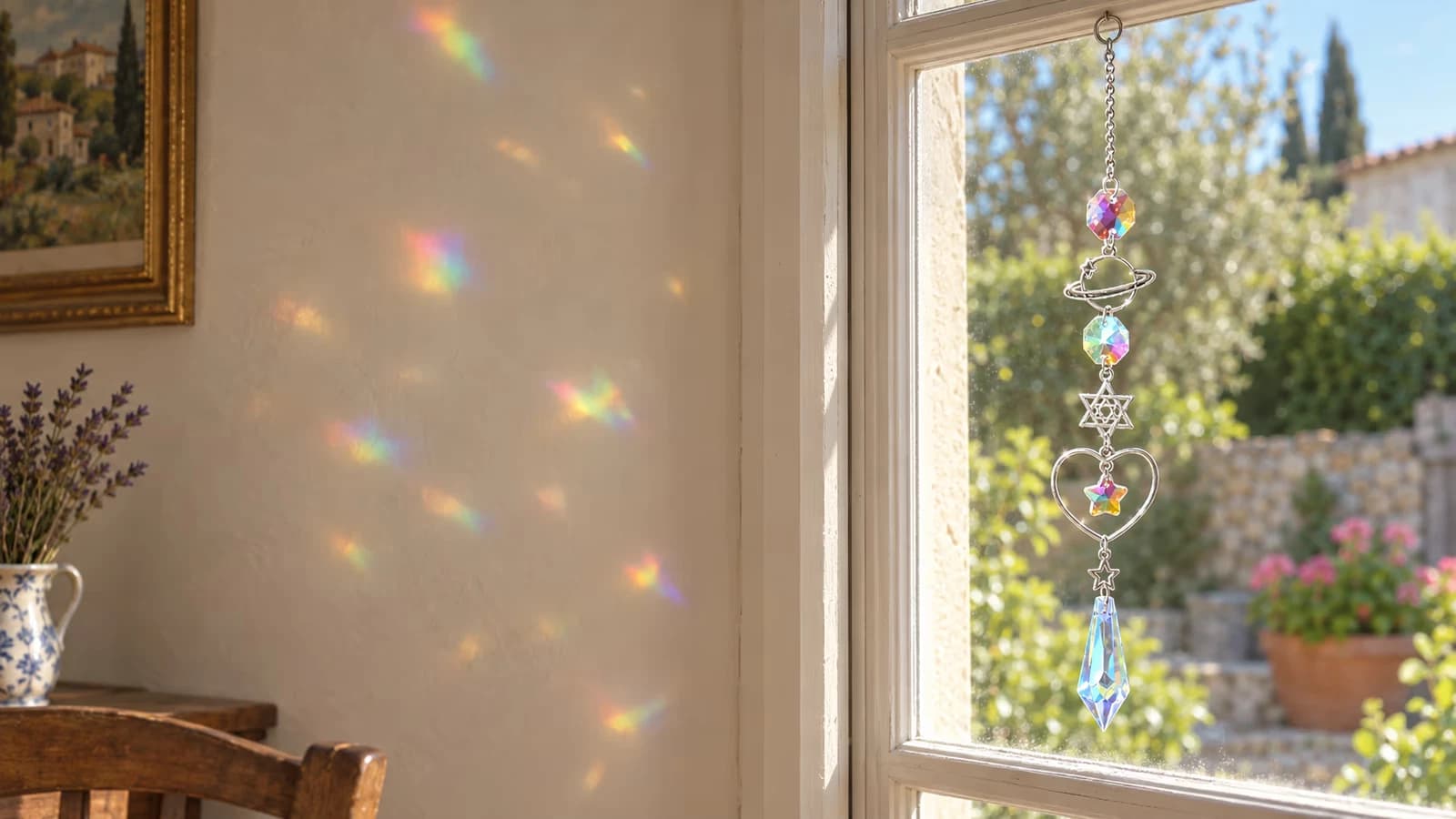 Chaîne de sept figures en cristal irisé suspendue devant un carreau ensoleillé, taches colorées posées sur le mur voisin