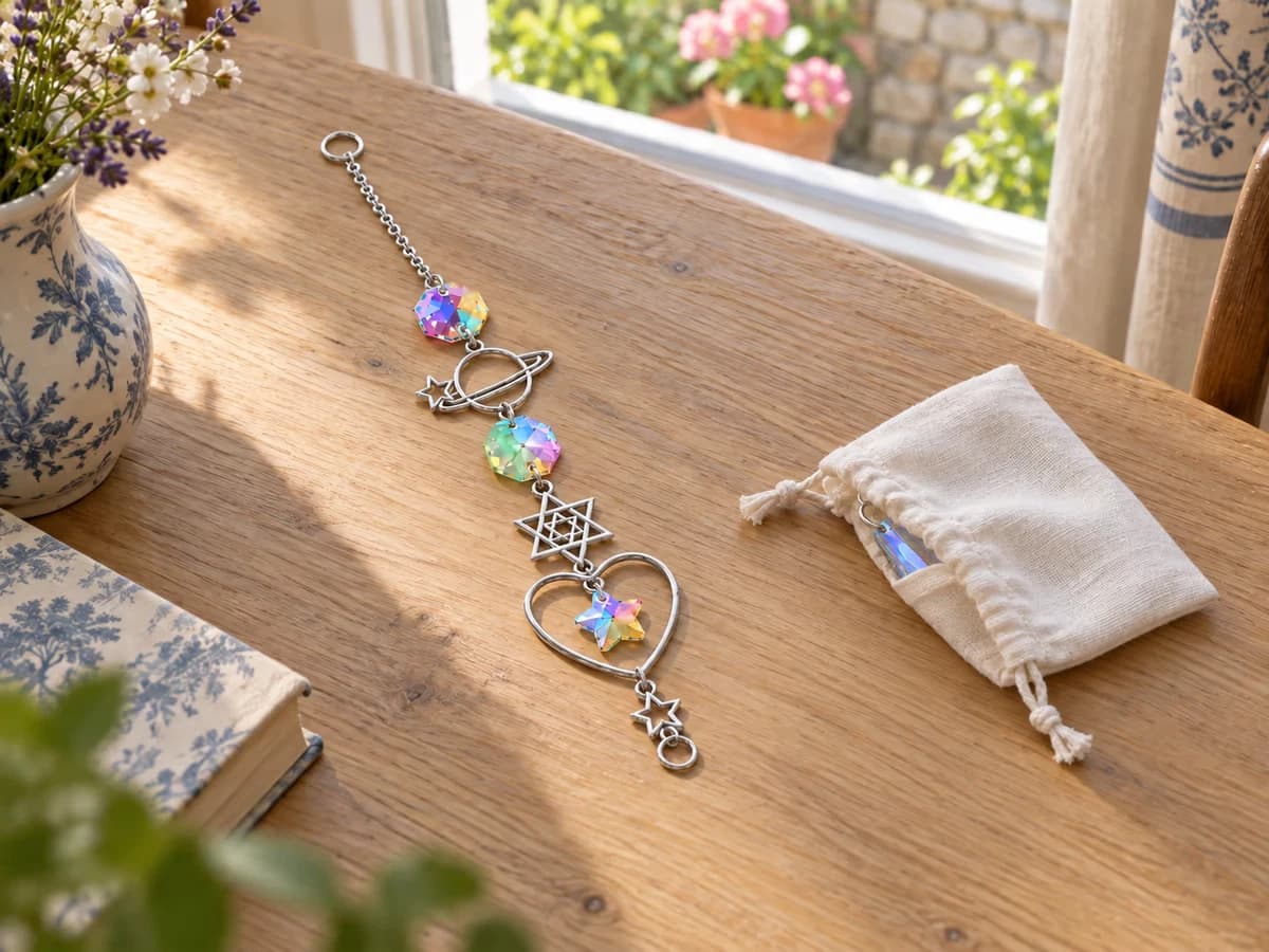 Chaîne d'attrape-soleil en cristal étalée à plat sur une table en bois clair, sept figures séparées et alignées, goutte taillée en pointe posée à côté dans sa pochette