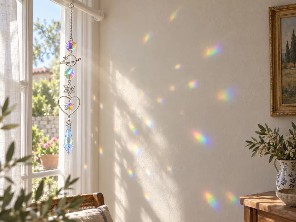 Attrape-soleil en cristal suspendu à une tringle, taches colorées nettes sur le grand mur clair d'en face, dans une pièce ensoleillée de fin de matinée