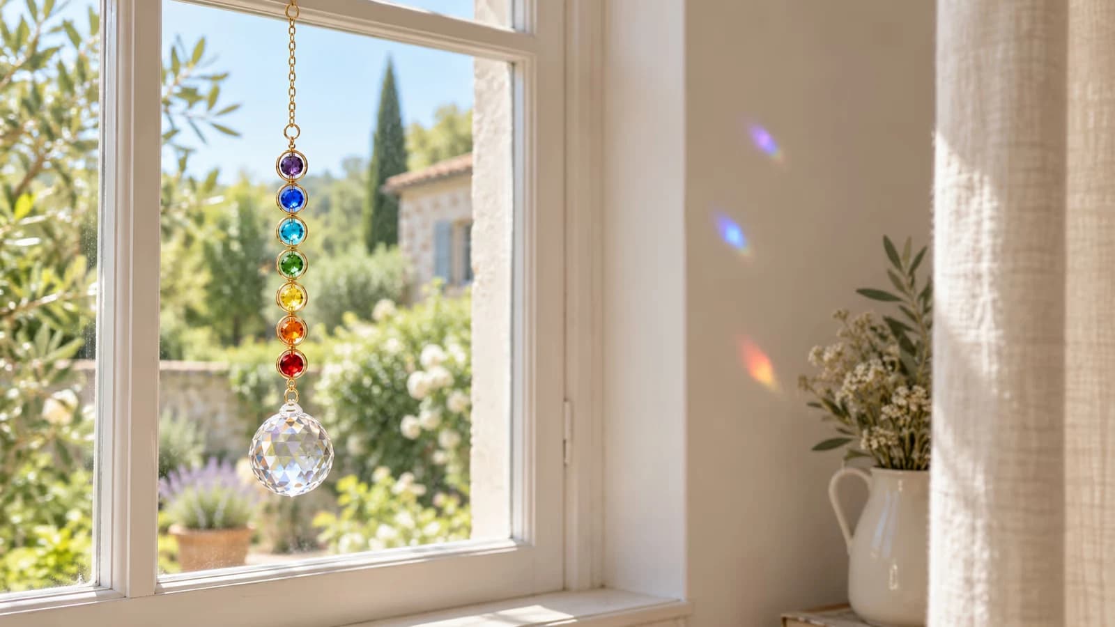Suspension à sept pierres rondes colorées serties dans un entourage doré, boule de verre facettée au bas de la chaîne, devant un carreau ensoleillé