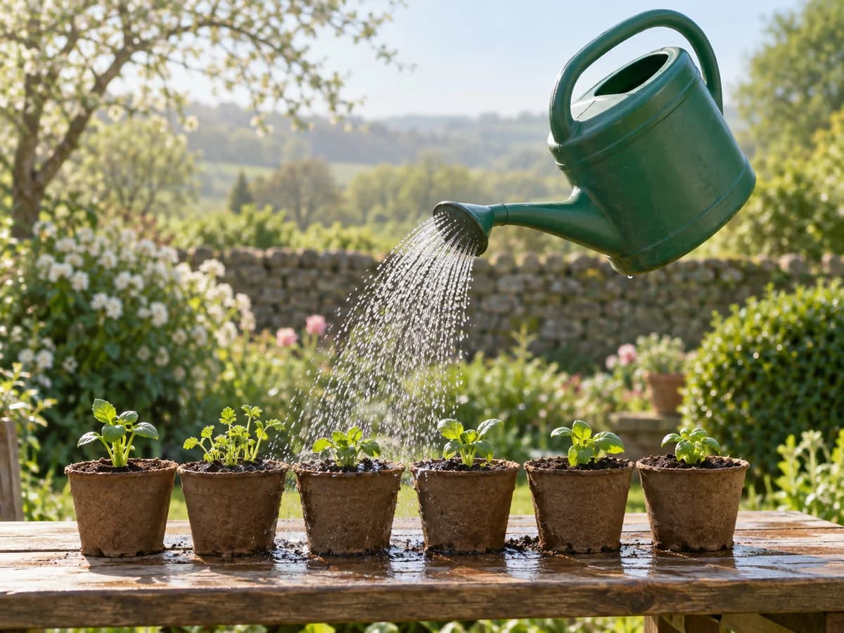 Arrosoir en plastique versant de l'eau sur des godets de semis alignés sur une table de jardin au printemps