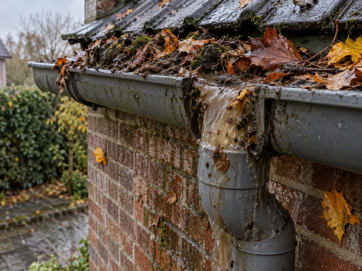 Eau trouble chargée de feuilles mortes s'écoulant d'une gouttière encombrée de mousse après une averse d'automne