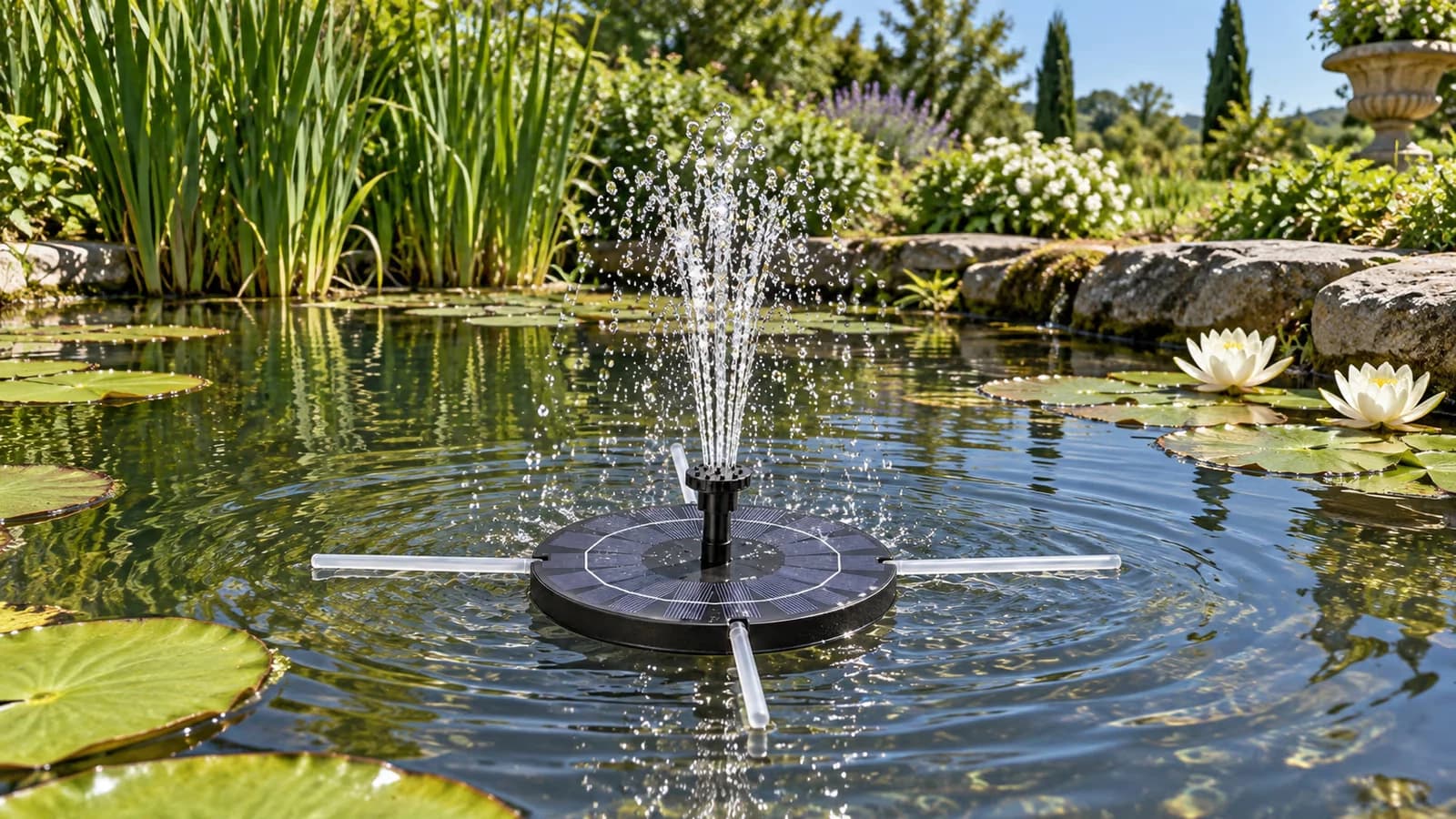 Disque à cellules solaires bleues au centre d'un bassin ensoleillé bordé de nénuphars, gerbe d'eau retombant en couronne