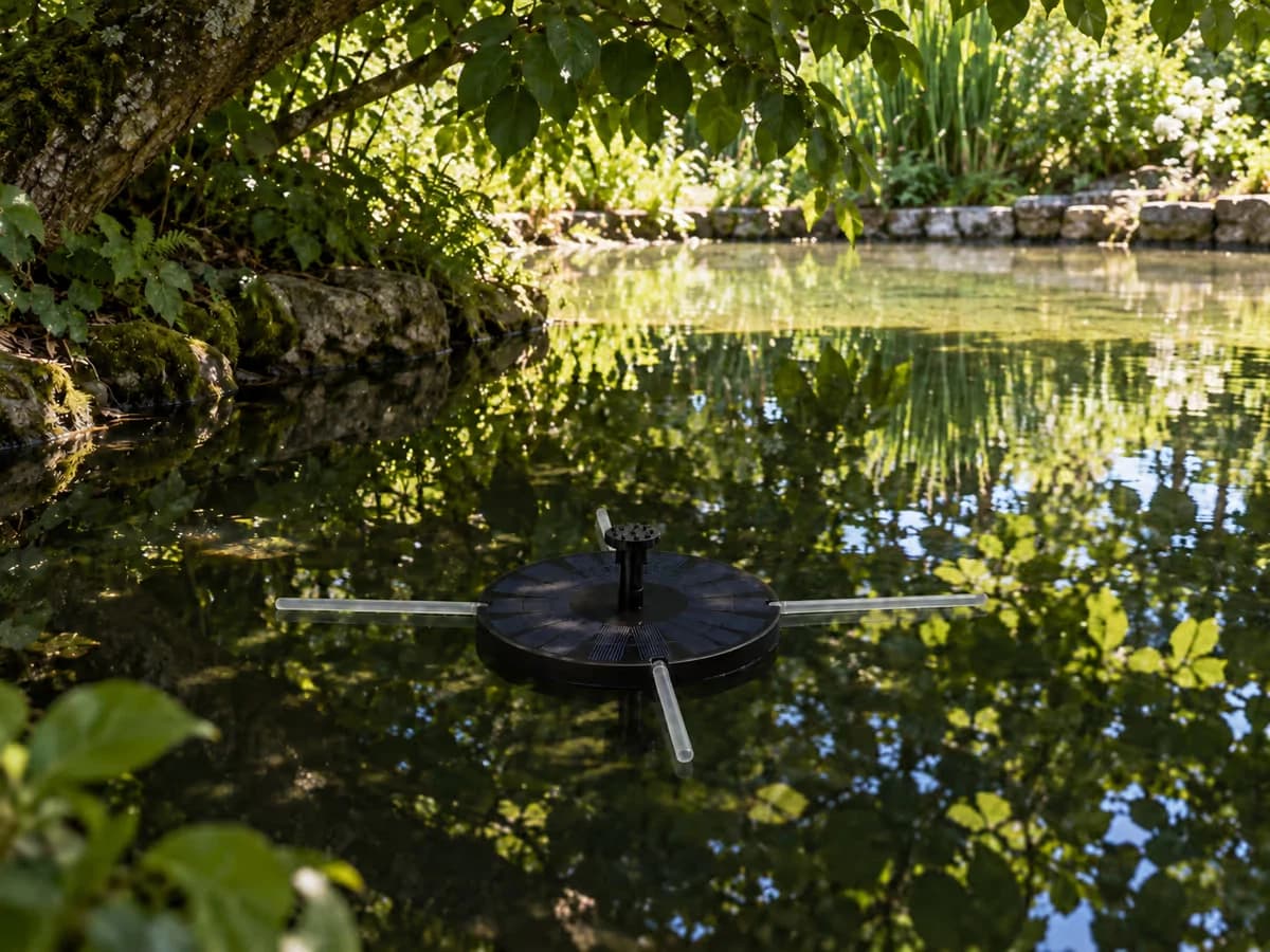 Disque flottant solaire immobilisé sur une eau calme à l'ombre portée d'un feuillage qui surplombe la berge, sans jet