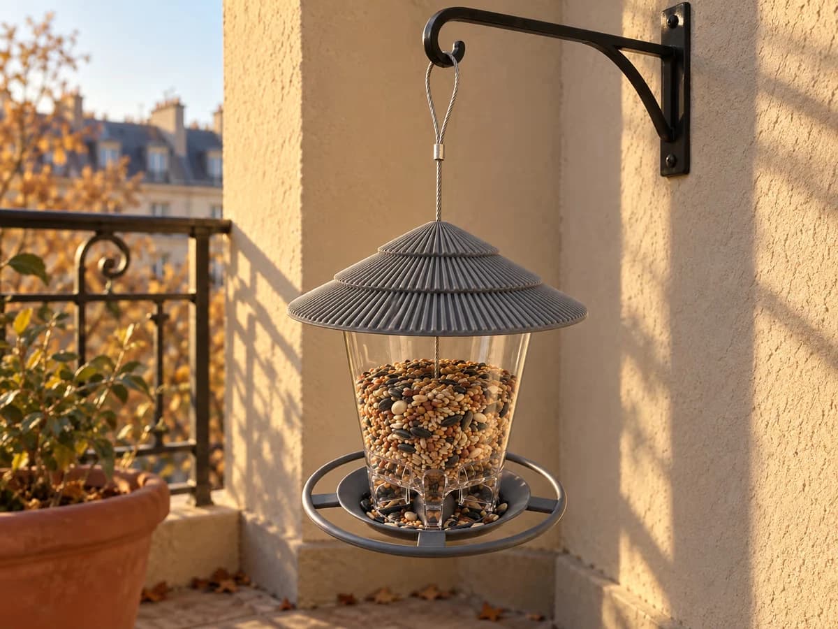 Mangeoire à réservoir transparent suspendue à une potence de balcon, à l'angle abrité d'une façade, fin d'après-midi d'automne