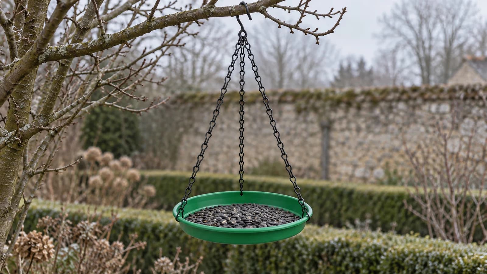 Plateau vert de 22 cm suspendu à une branche nue par trois chaînes noires, couche fine de graines de tournesol en hiver