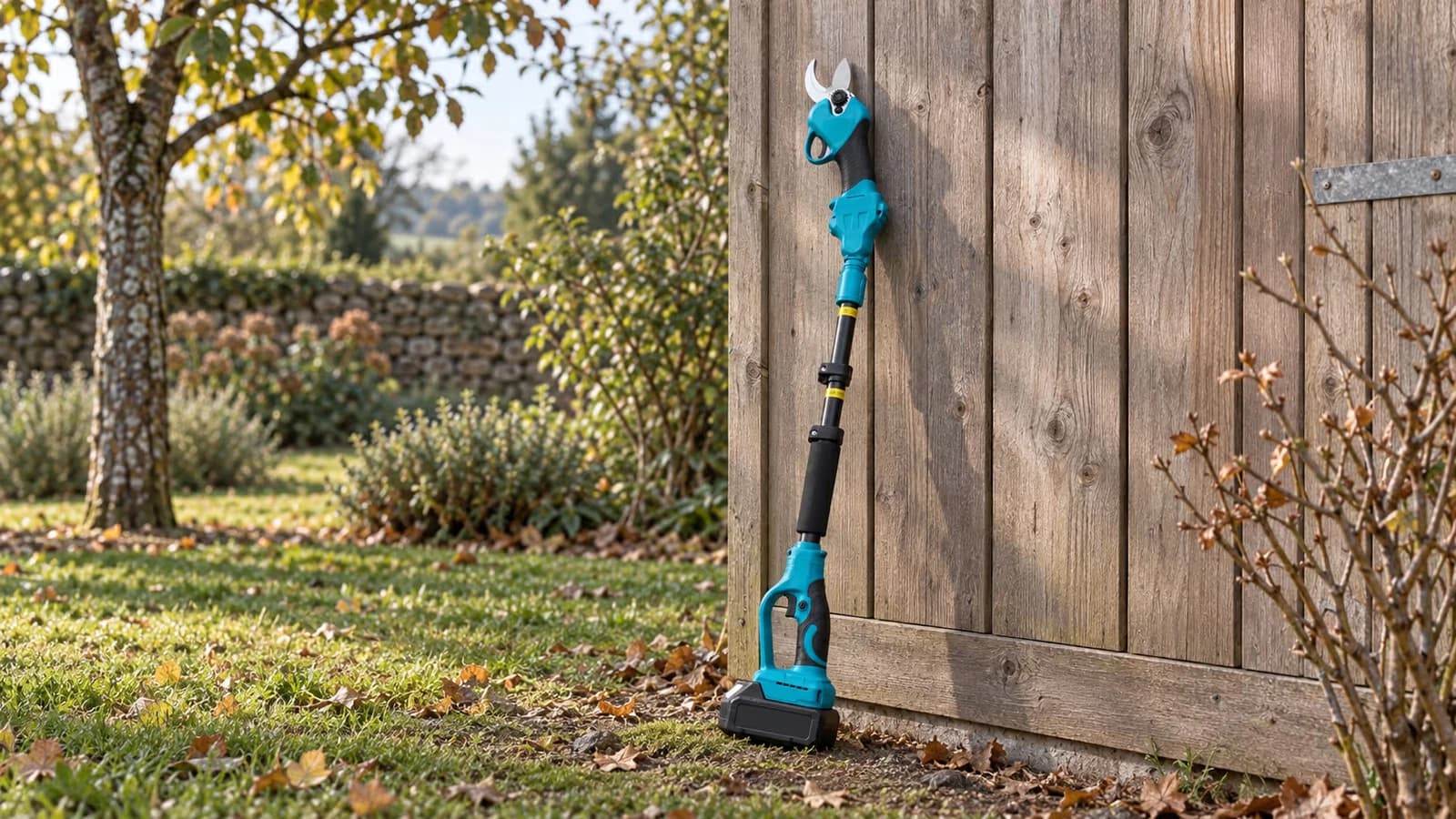 Perche sécateur électrique rétractée appuyée contre le mur d'un abri de jardin, tête de coupe en haut, herbe et feuilles mortes au sol en matinée d'automne