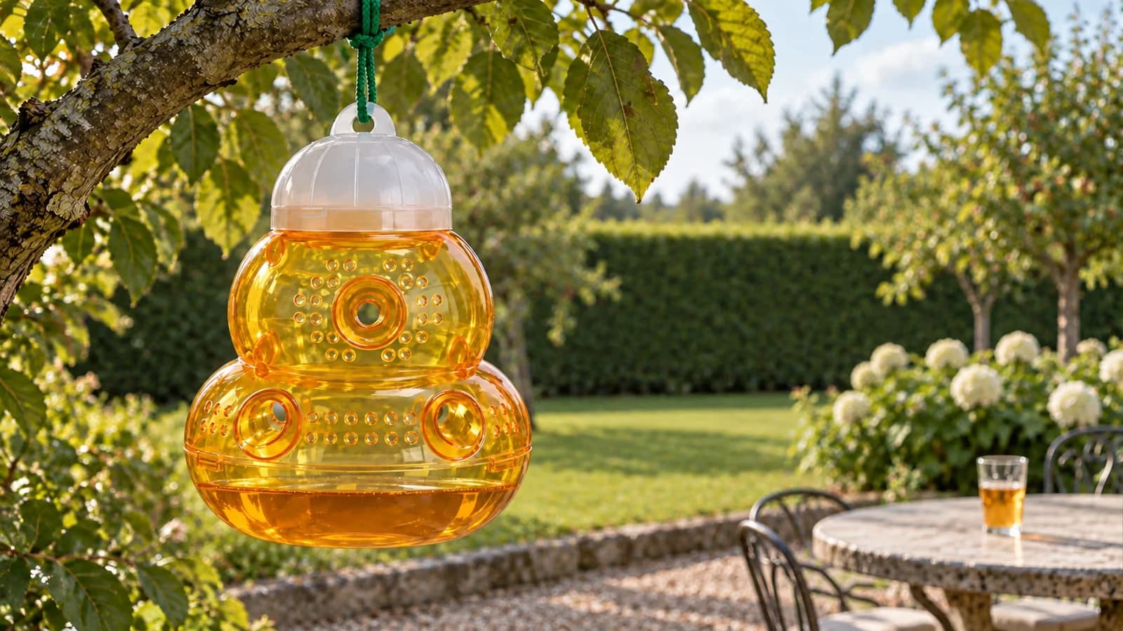Piège à guêpes en ruche ambrée pendant à une branche en bord de terrasse en fin d'été, verre d'appât posé sur la table au second plan