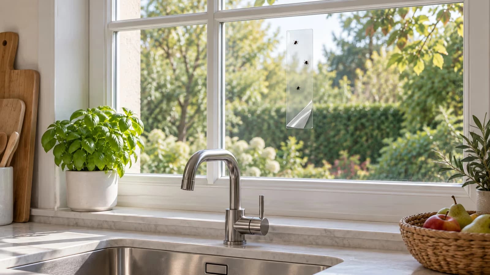 Bande collante transparente posée sur la vitre d'une cuisine lumineuse, au-dessus d'un évier et d'une corbeille de fruits