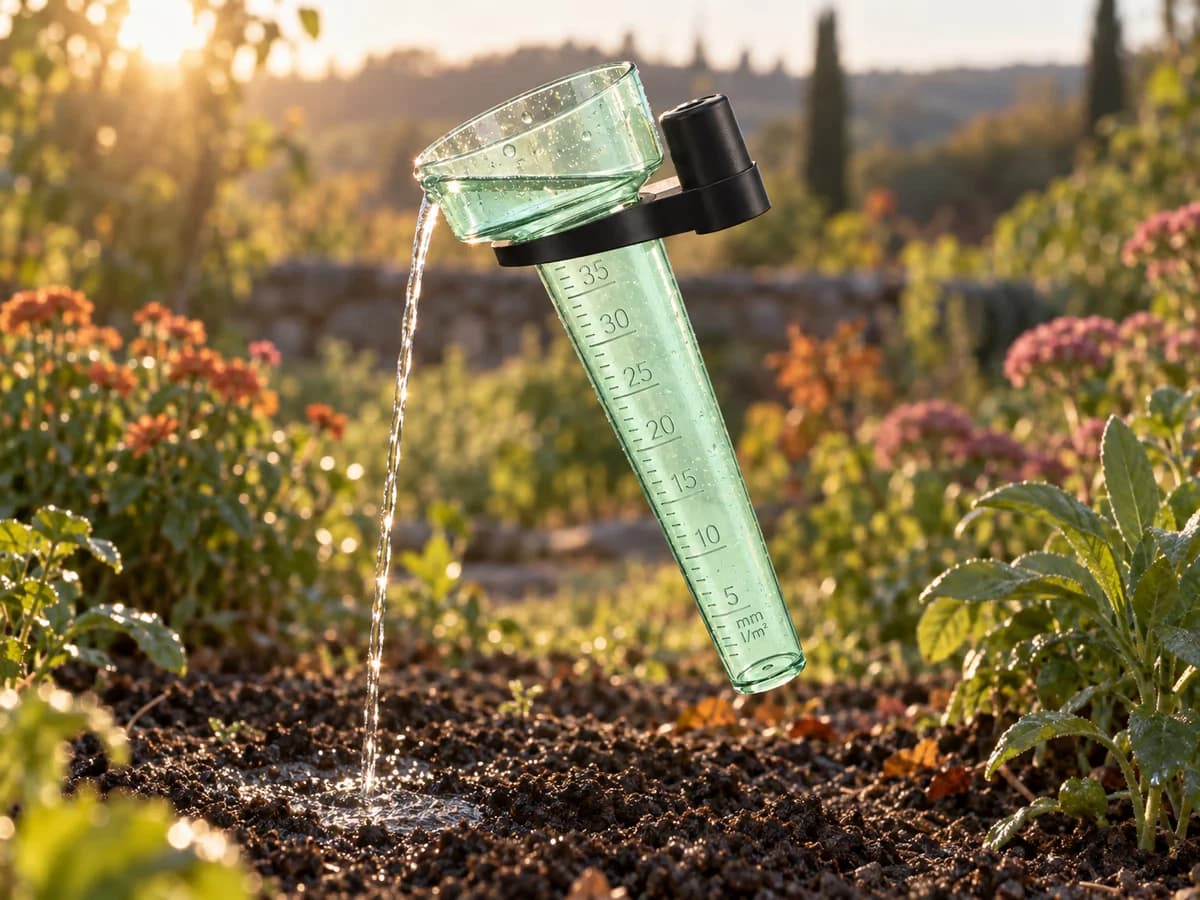 Main vidant l'eau d'un tube gradué au-dessus de la terre d'un massif de fleurs au soleil du matin