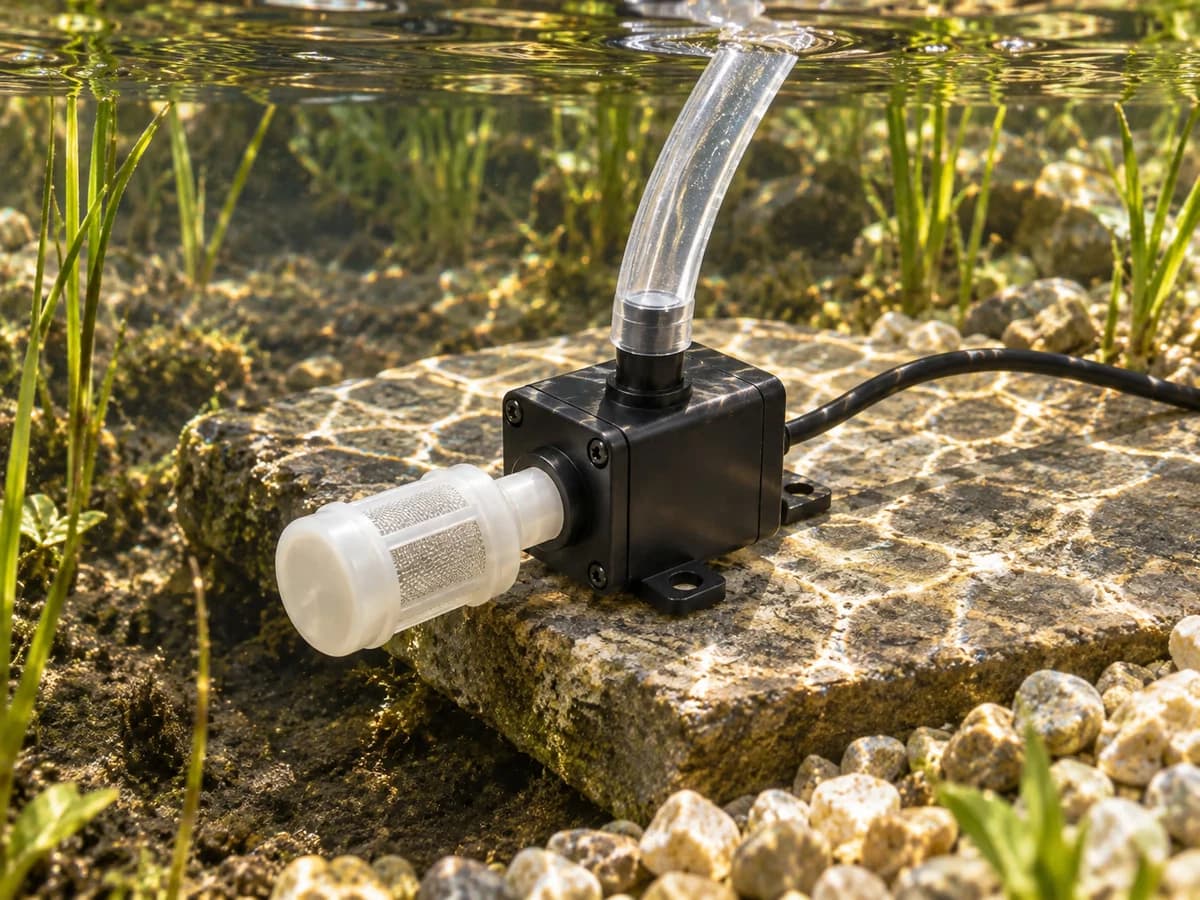 Pompe submersible noire calée sur une pierre plate au fond d'un bassin, crépine translucide dégagée, tuyau souple transparent qui remonte vers la berge