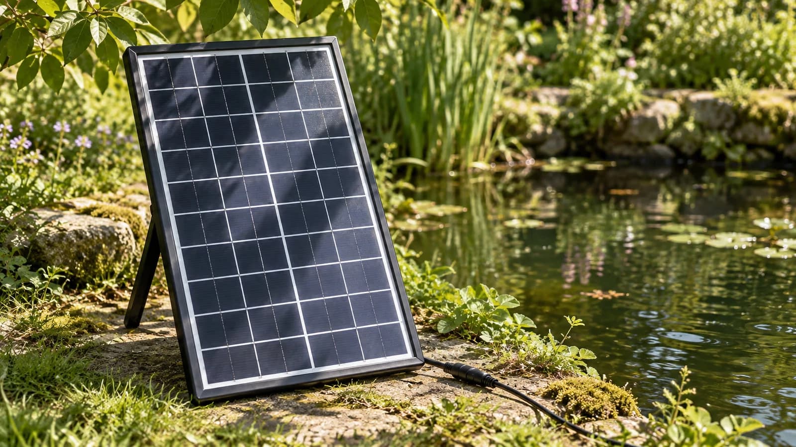 Panneau solaire noir dressé sur sa béquille au bord d'un bassin ombragé, branche feuillue qui projette son ombre sur le verre