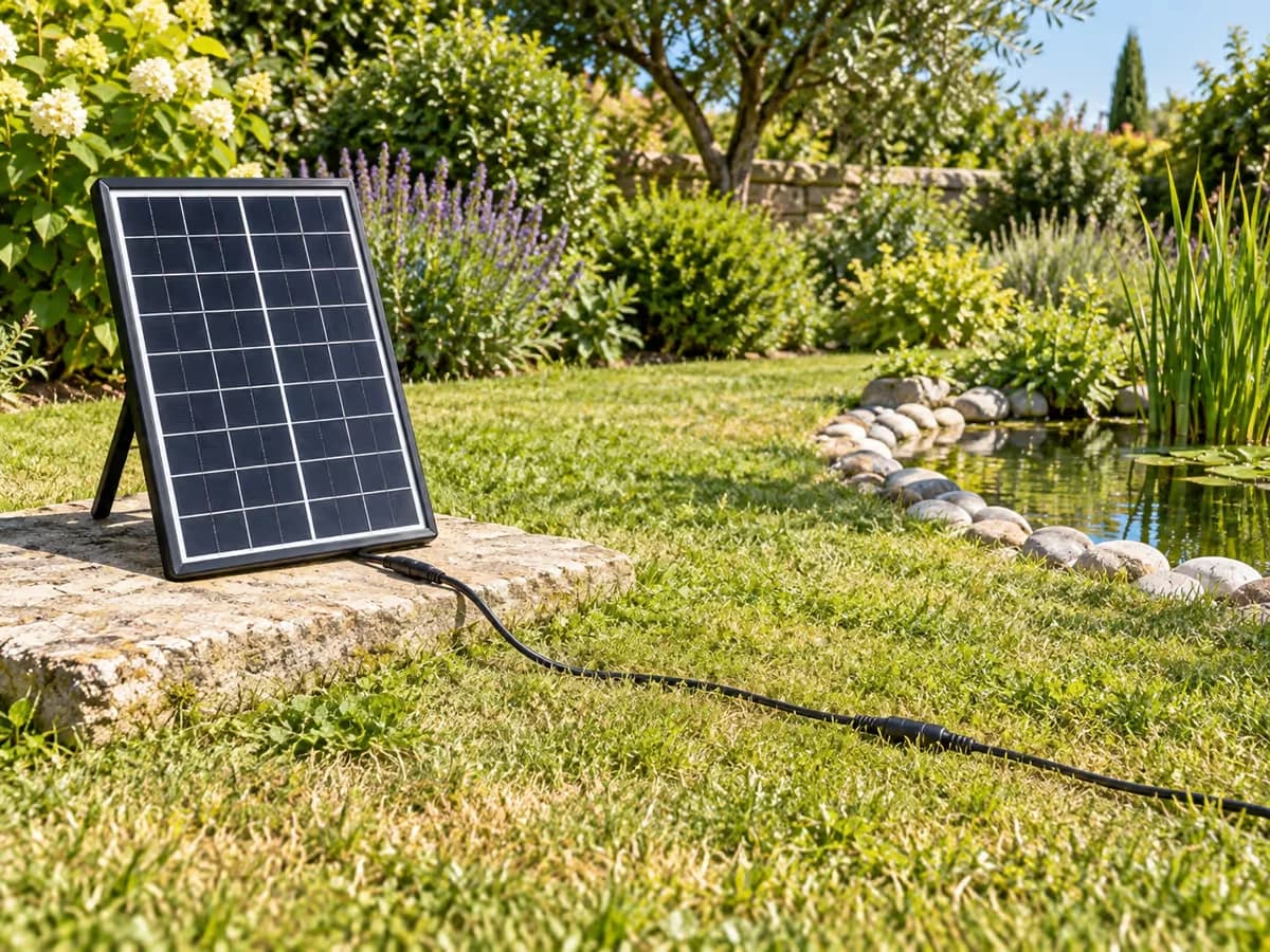 Panneau solaire incliné posé sur une dalle de pierre au milieu d'une berge ensoleillée, câble noir qui part vers un bassin entouré de galets