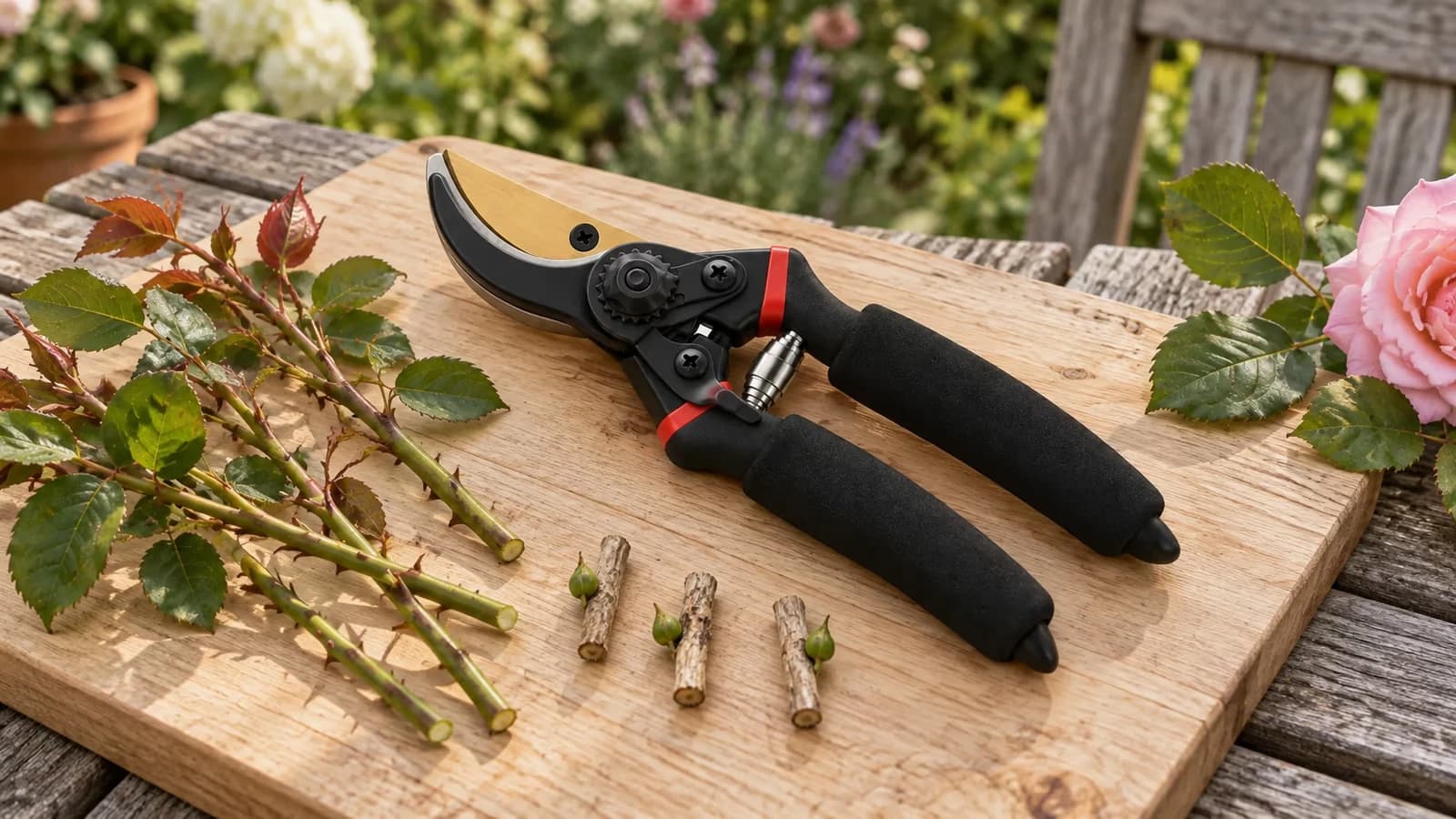 Sécateur bypass fermé posé sur une planche de bois clair, rameaux de rosier taillés et petits chicots secs alignés à côté