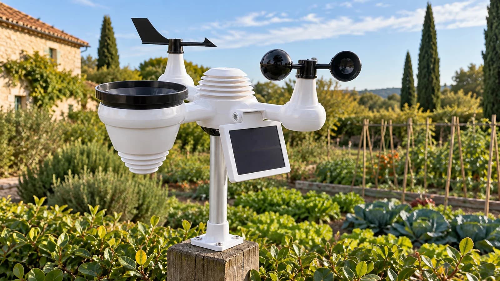 Capteur météo blanc à trois bras et coupelles monté en tête d'un mât métallique fixé sur un poteau, au-dessus d'un jardin avec potager en arrière-plan