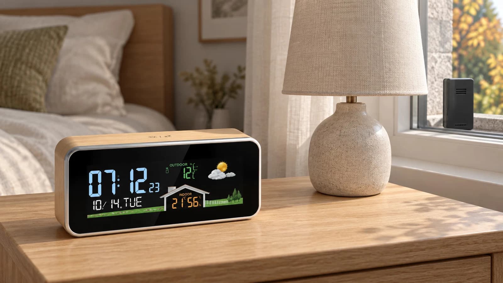 Boîtier de station météo à habillage clair posé sur une table de nuit, lampe de chevet éteinte à distance, sonde extérieure visible derrière la vitre