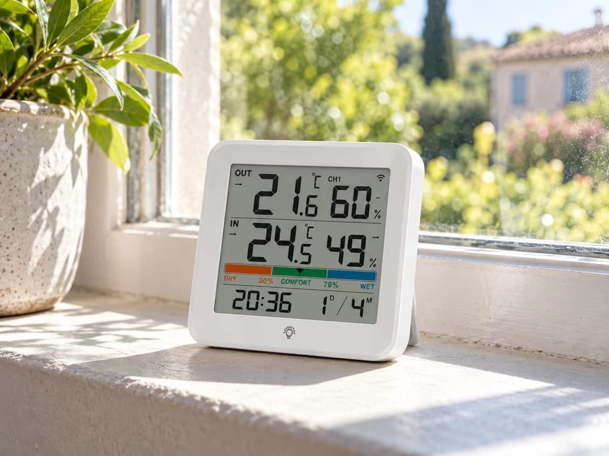Écran de thermomètre posé sur un appui de fenêtre en plein soleil, reflets sur la vitre