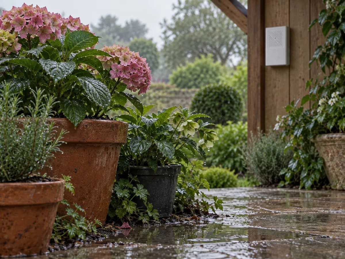 Terrasse après la pluie, pots à terre sombre et mouillée, sonde blanche suspendue sous l'auvent au fond
