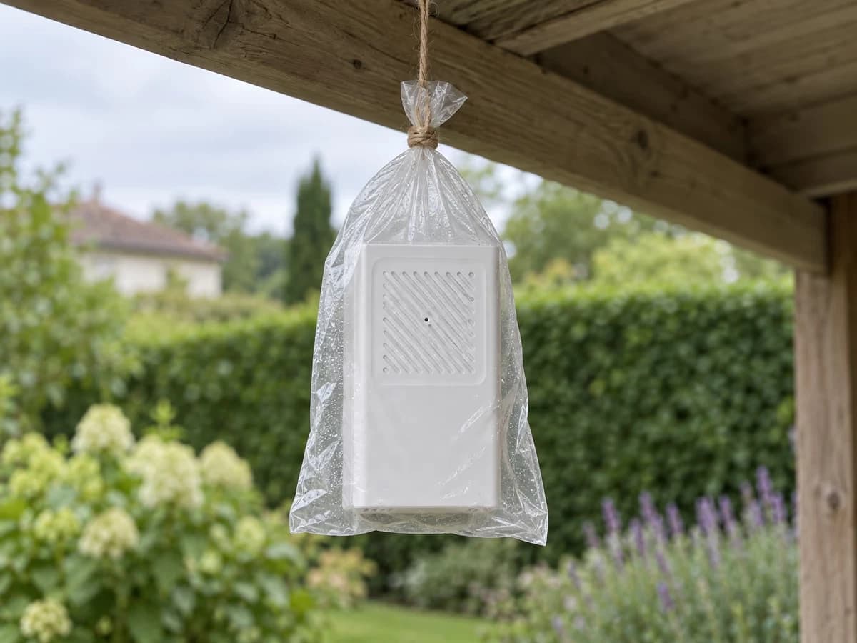 Sonde de thermomètre enfermée dans un sac plastique fermé, suspendue sous un auvent